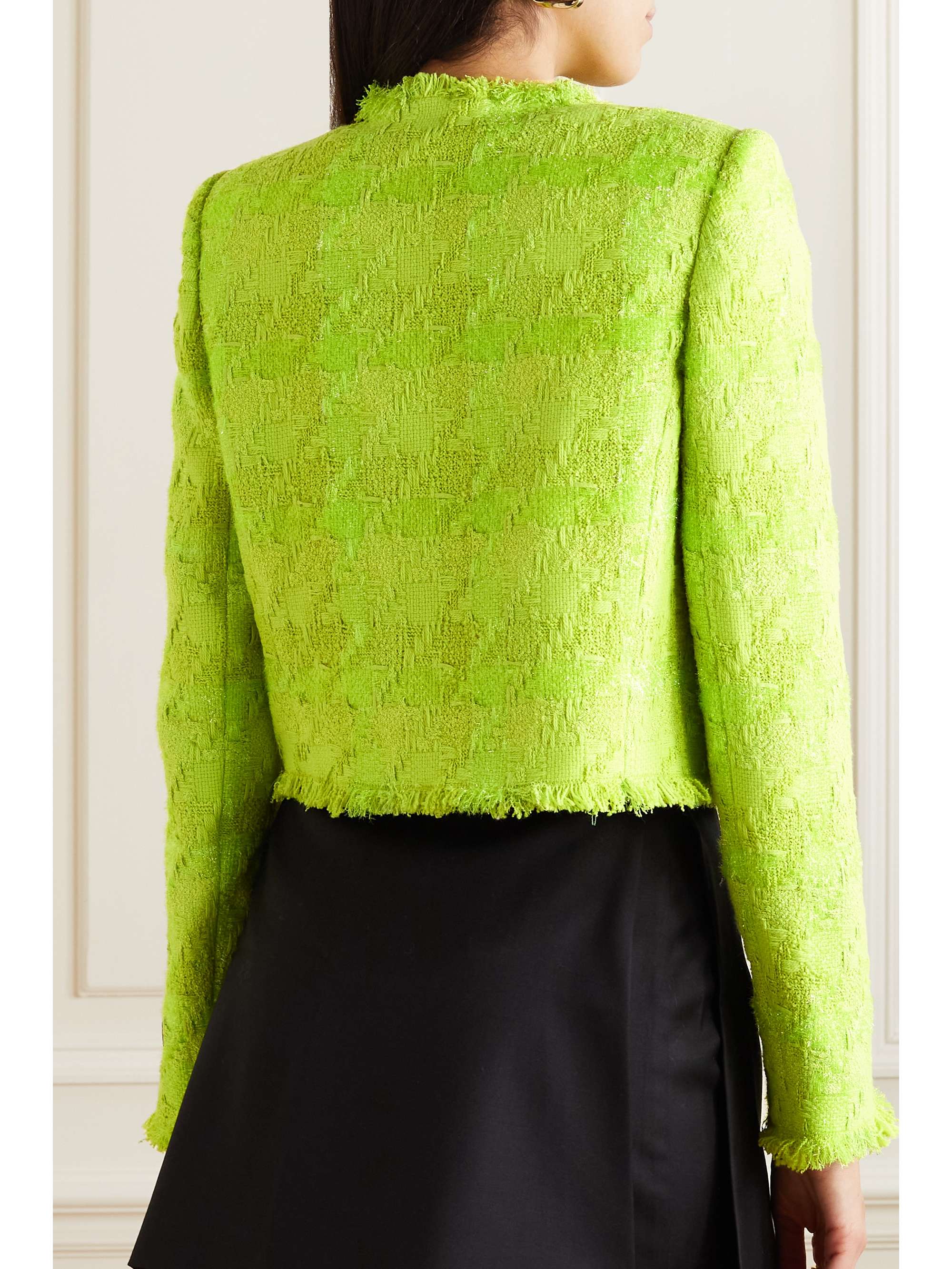VERSACE Fringed metallic checked wool-blend tweed jacket