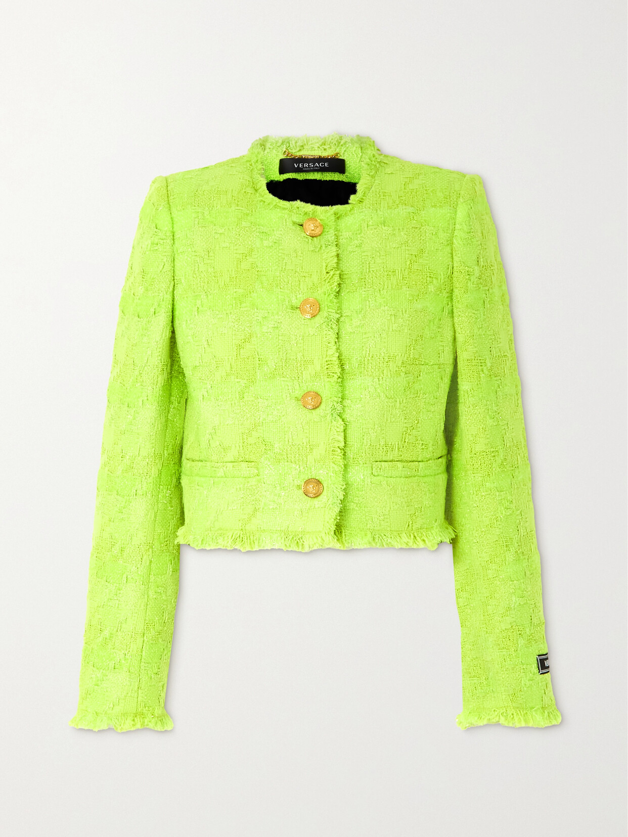 Versace - Fringed Metallic Checked Wool-blend Tweed Jacket - Green