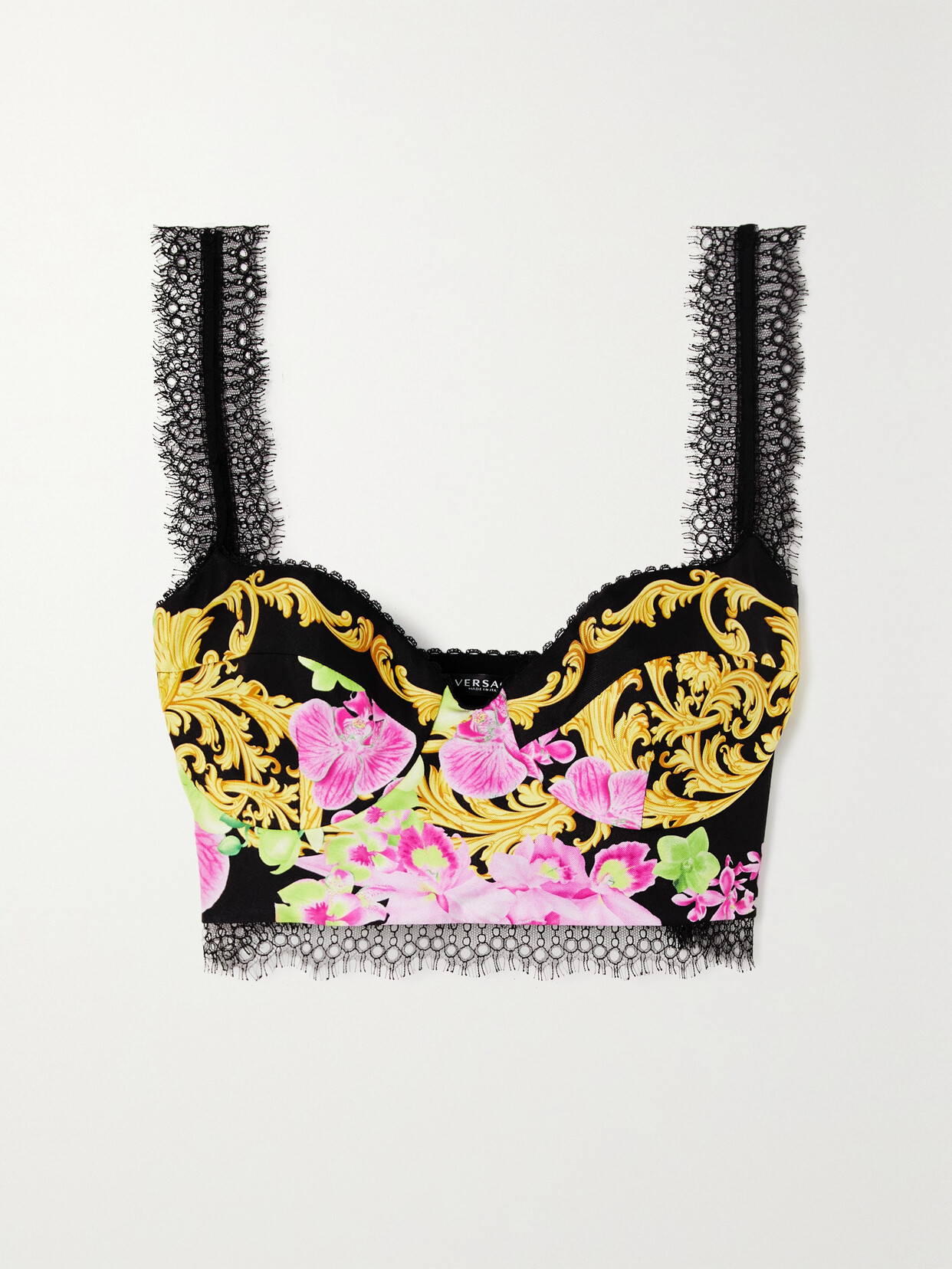 Versace Medusa Orchid-print Lace-trim Silk-twill Crop Top In Black