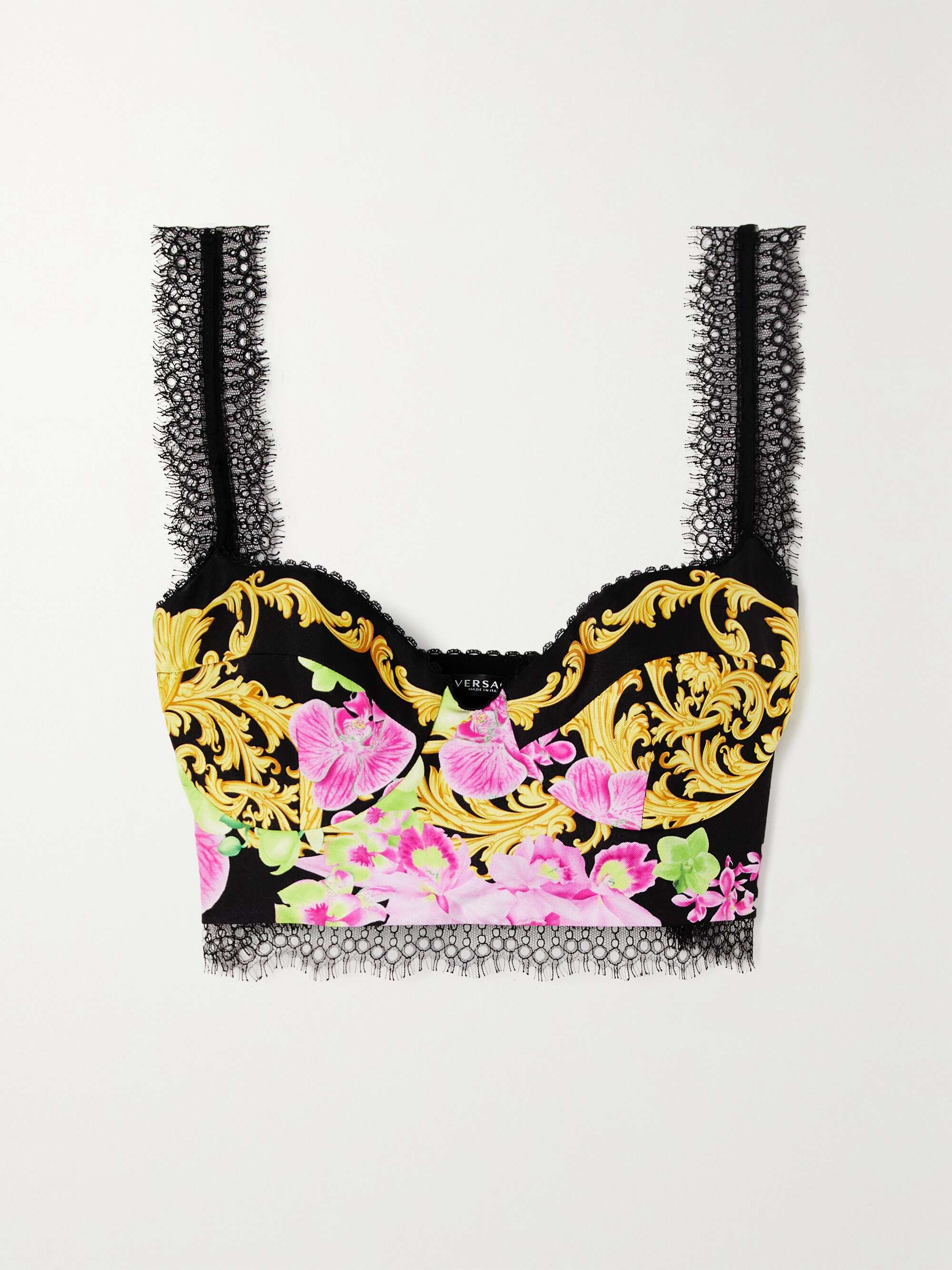 VERSACE Lace-trimmed printed silk-twill bralette