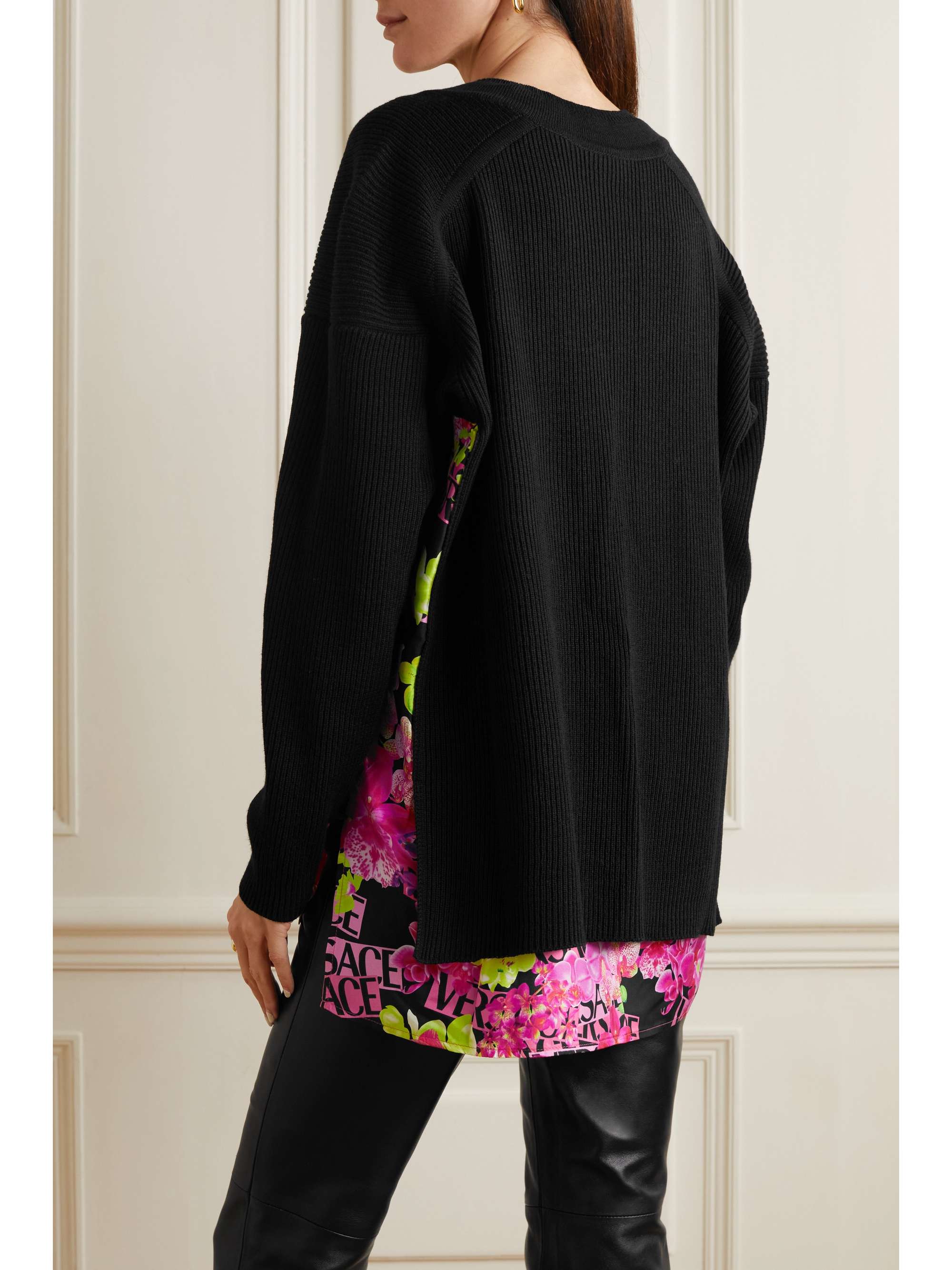 VERSACE Oversized silk-trimmed layered ribbed wool sweater