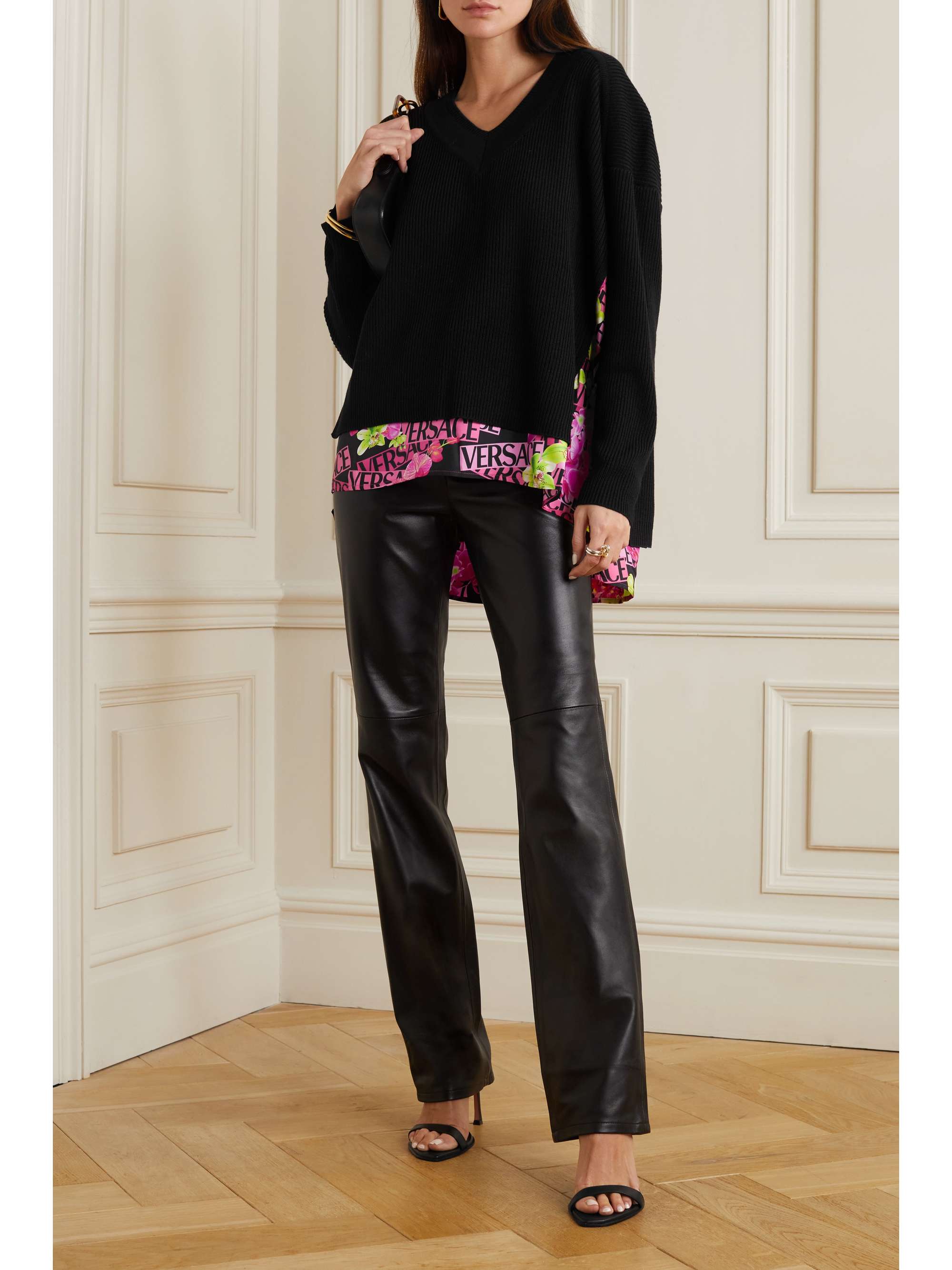 VERSACE Oversized silk-trimmed layered ribbed wool sweater