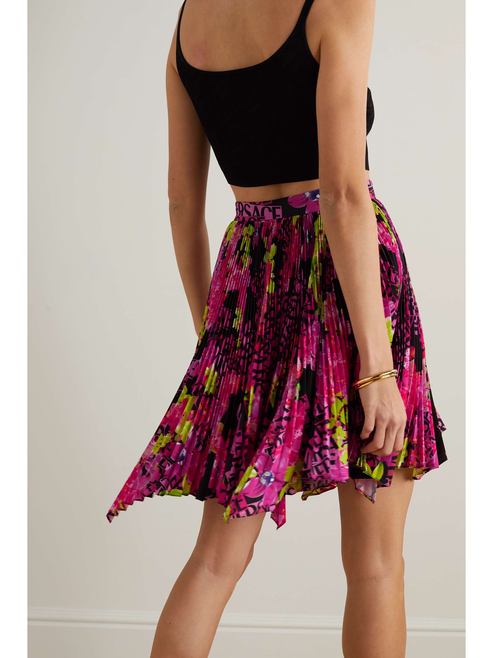 VERSACE Asymmetric printed plissé-crepe de chine mini skirt