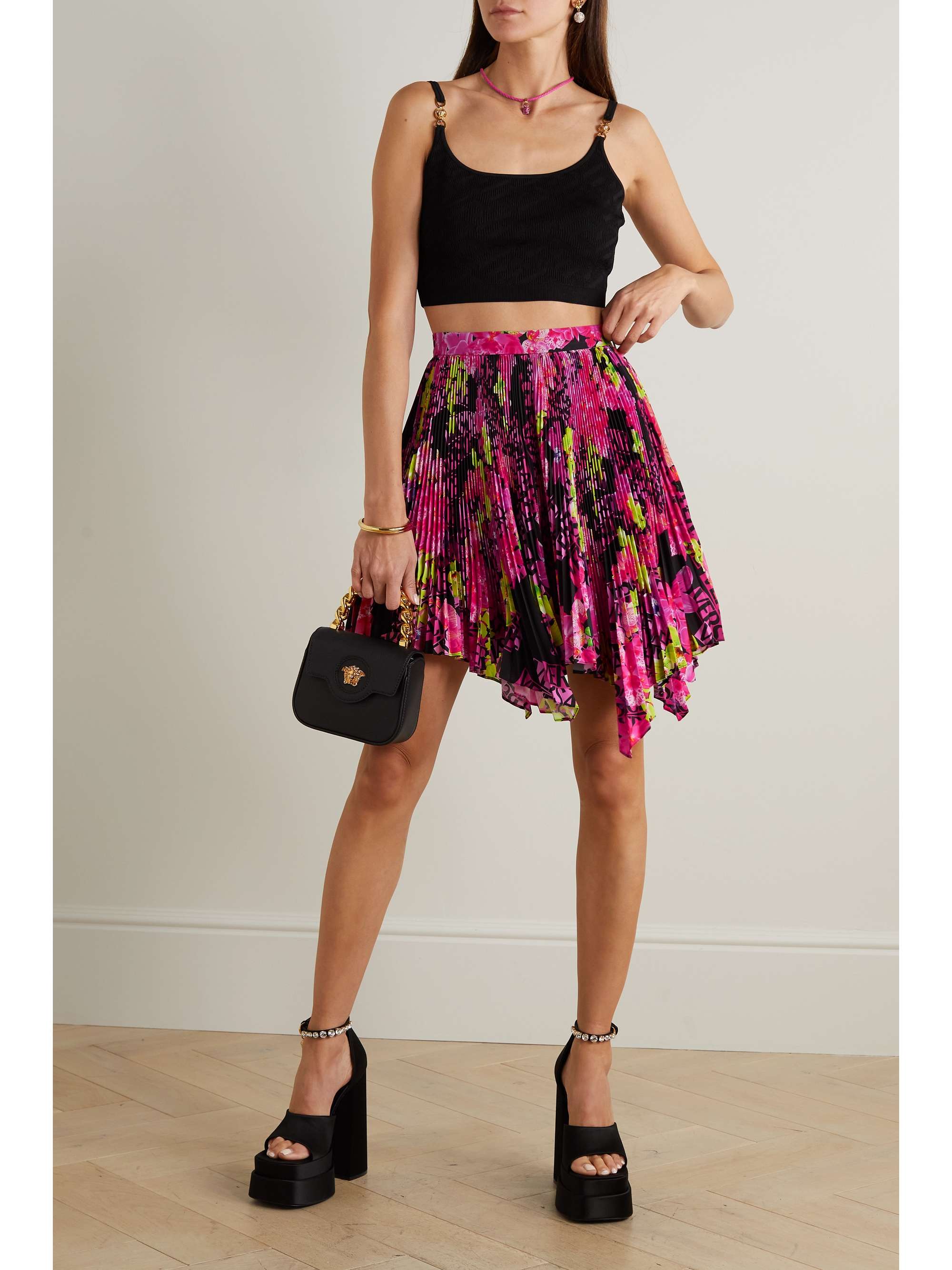 VERSACE Asymmetric printed plissé-crepe de chine mini skirt