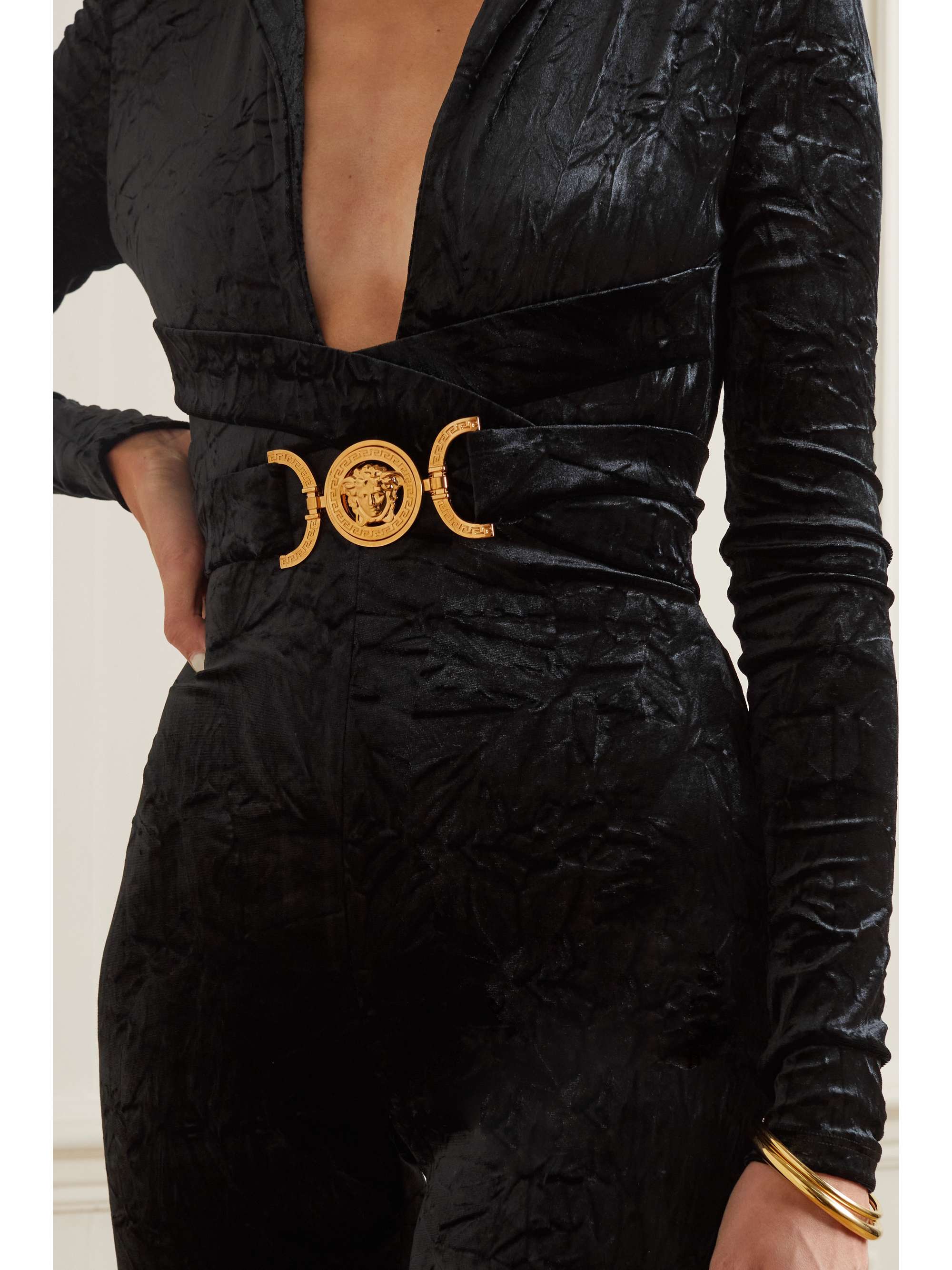 VERSACE Hooded belted crushed-velvet jumpsuit