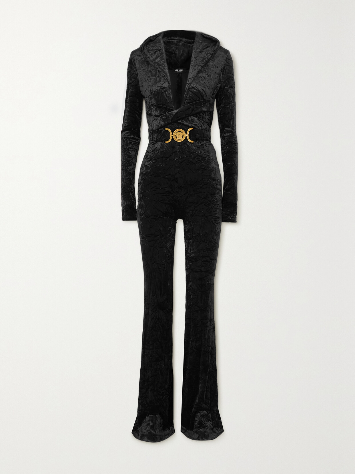 Versace - Hooded Belted Crushed-velvet Jumpsuit - Black