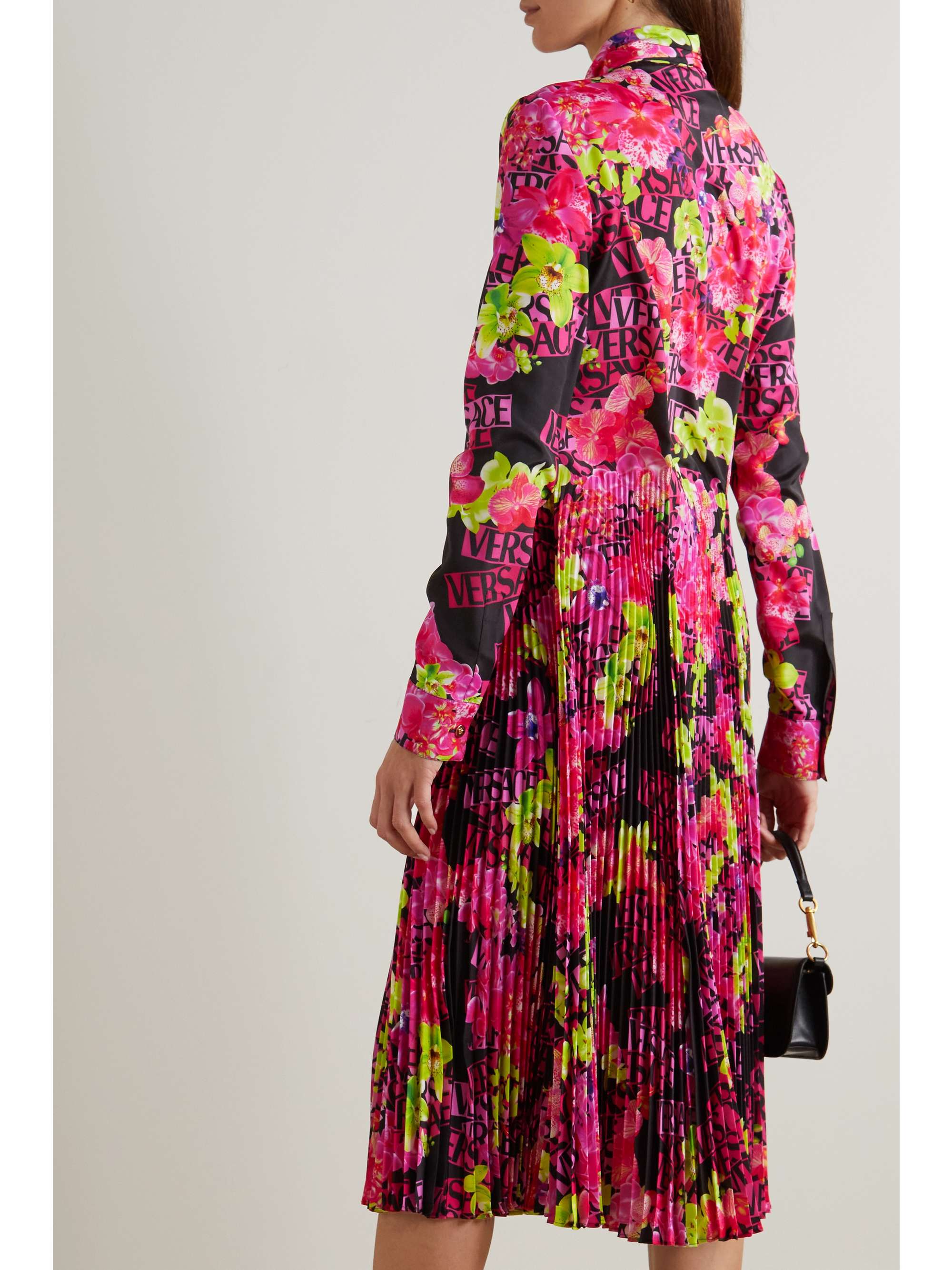 VERSACE Pussy-bow pleated printed crepe de chine midi dress
