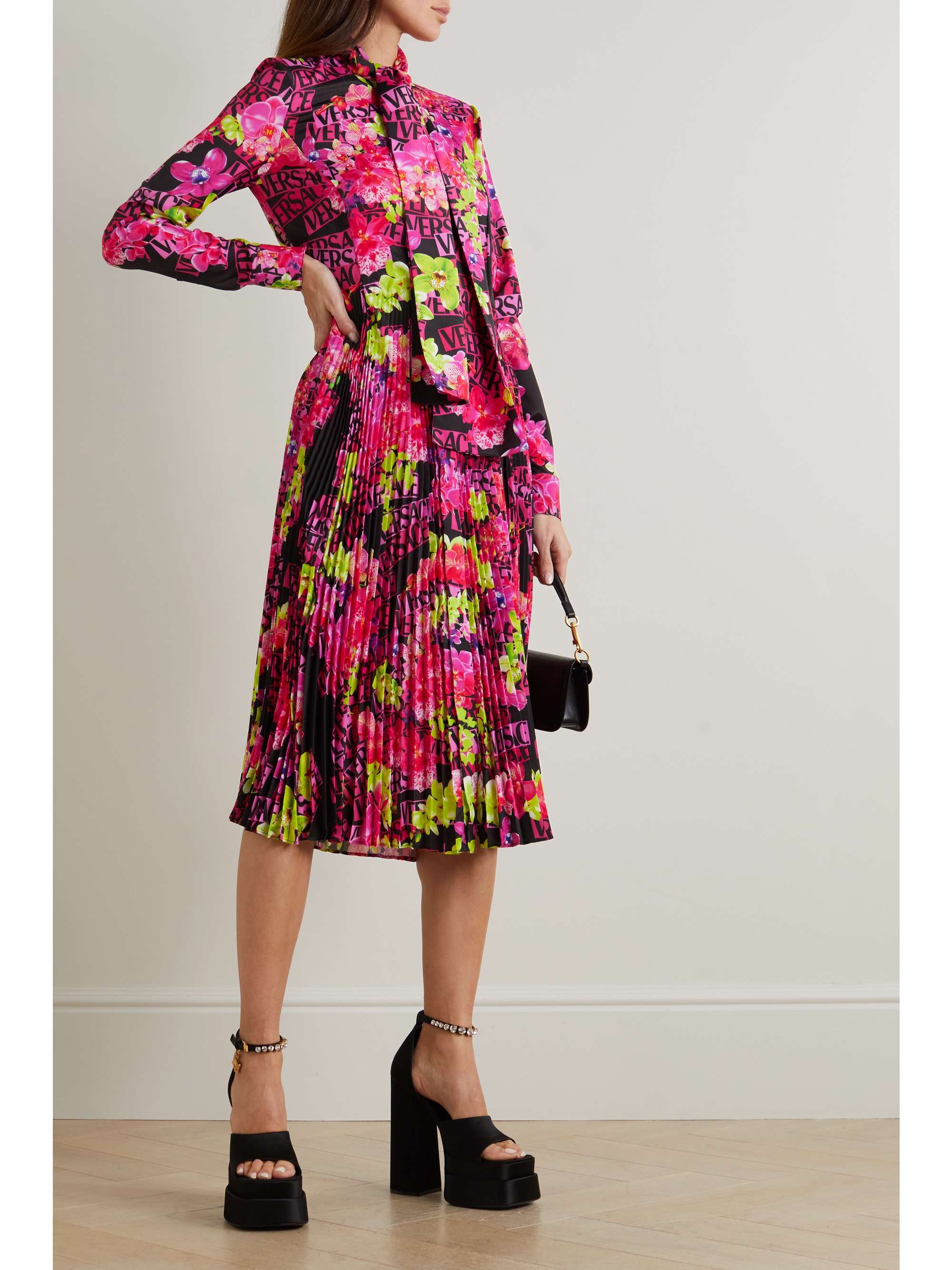 VERSACE Pussy-bow pleated printed crepe de chine midi dress