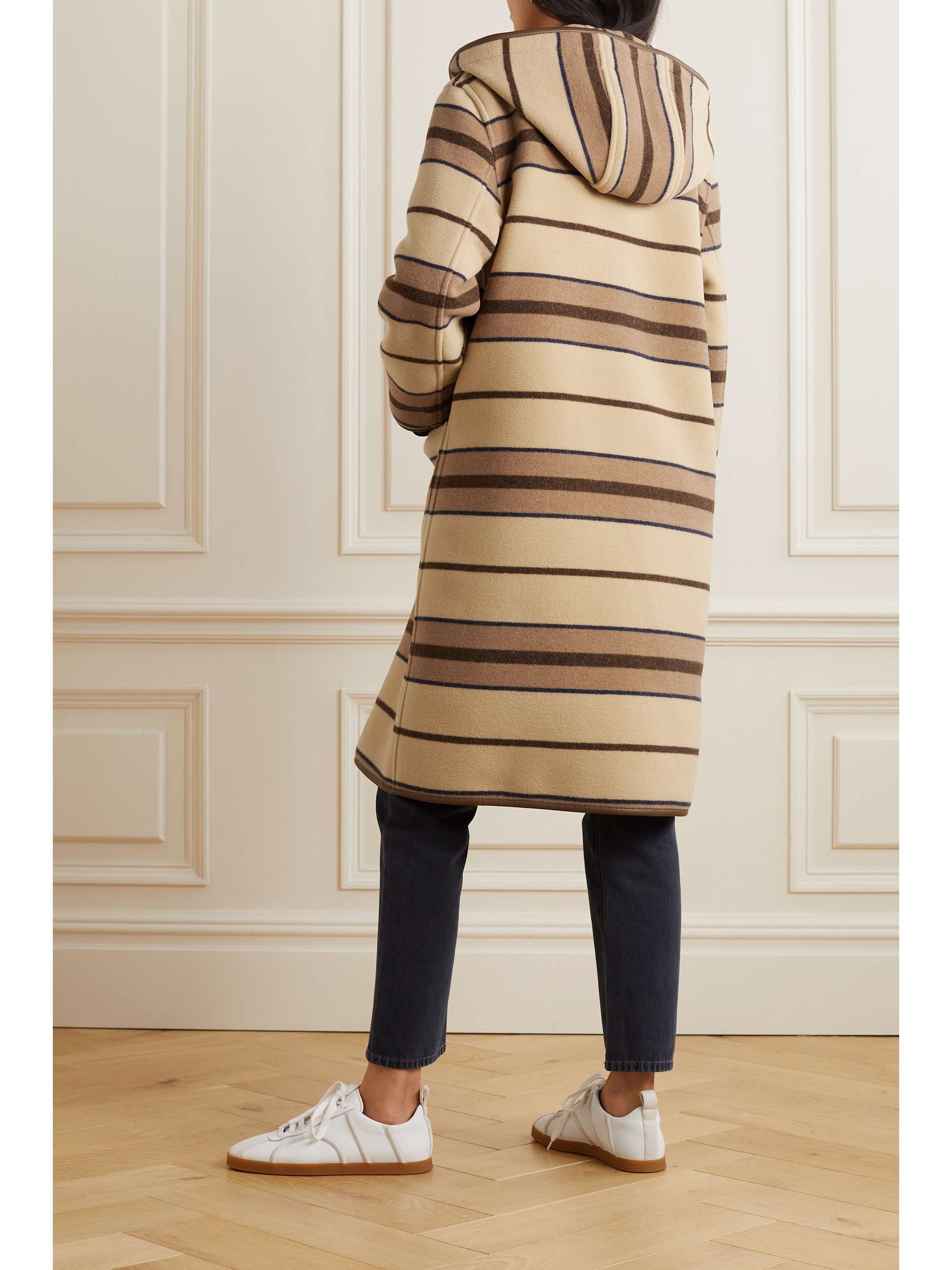BURBERRY Hooded striped leather-trimmed wool coat