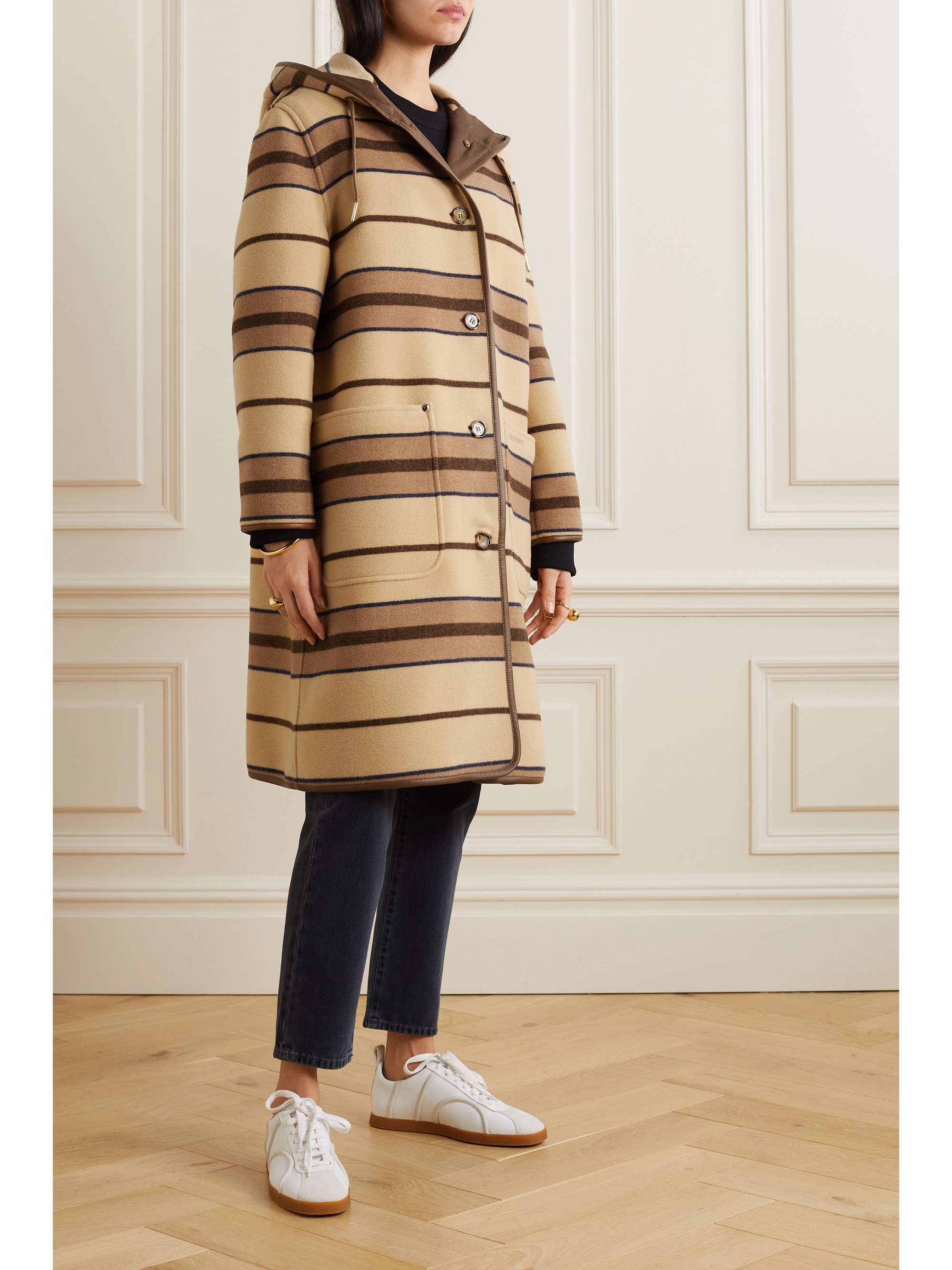 BURBERRY Hooded striped leather-trimmed wool coat