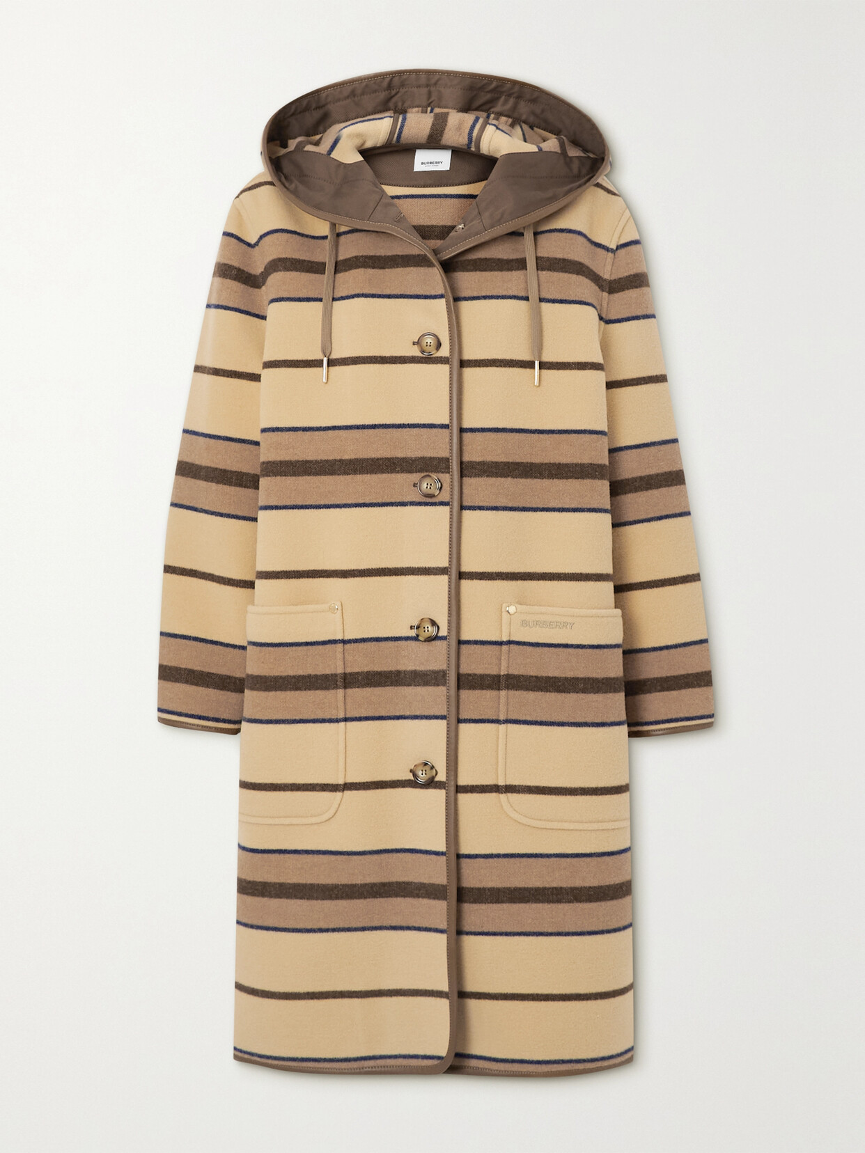 Burberry - Hooded Striped Leather-trimmed Wool Coat - Brown