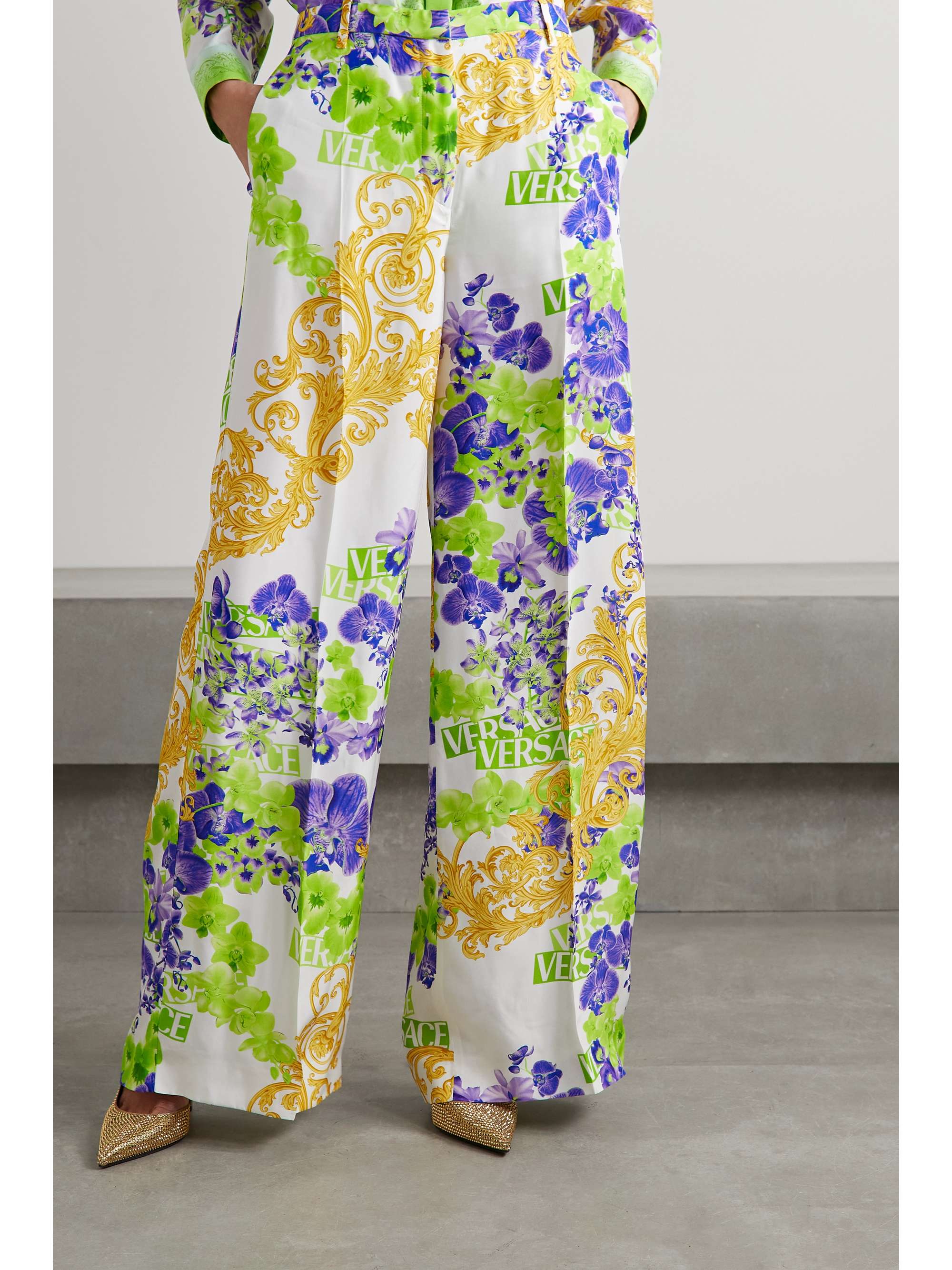 VERSACE Printed straight-leg satin pants