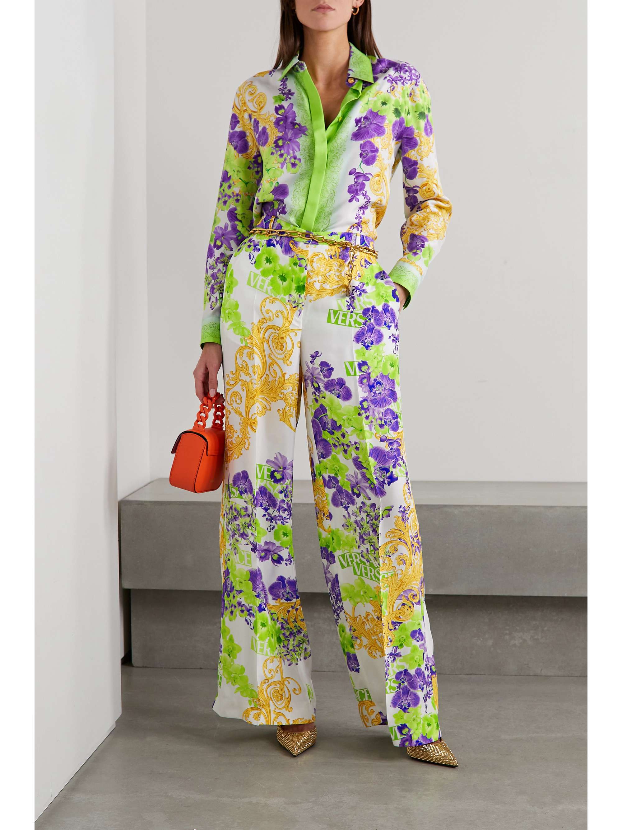 VERSACE Printed straight-leg satin pants