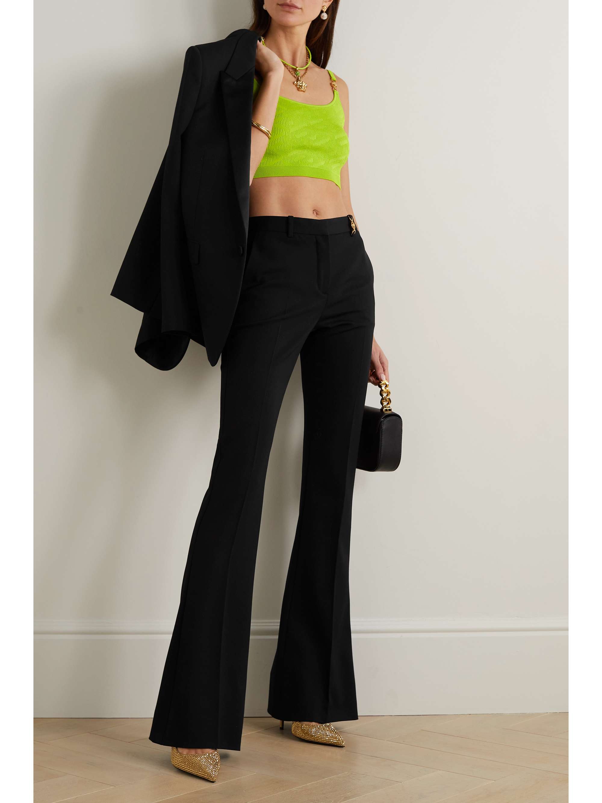 VERSACE Embellished stretch-wool flared pants