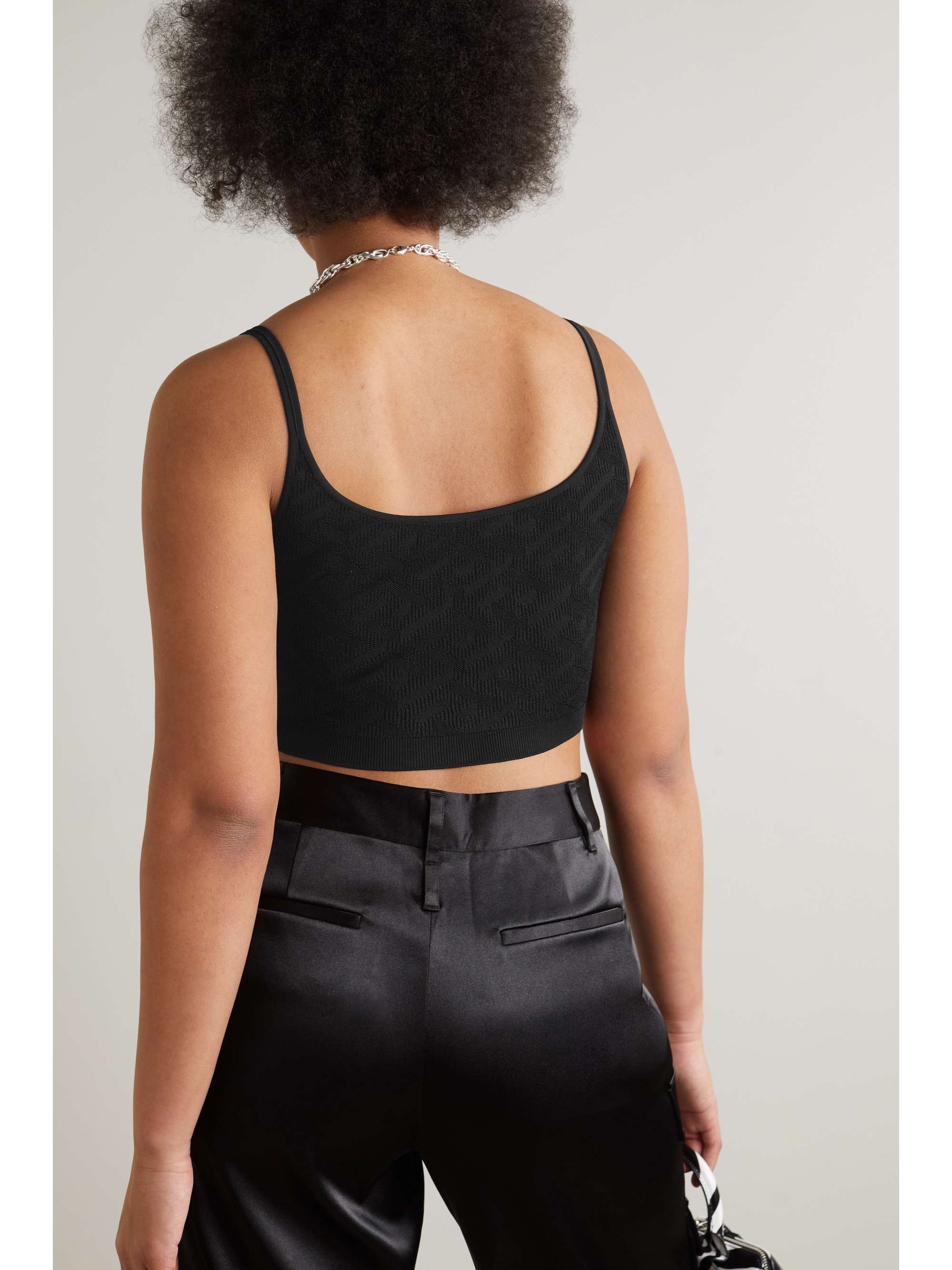 VERSACE La Greca copped embellished knitted top