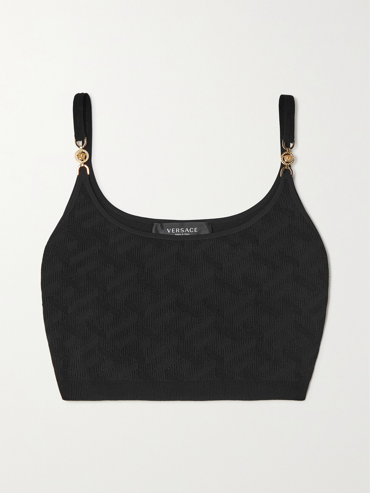 Versace - La Greca Copped Embellished Knitted Top - Black