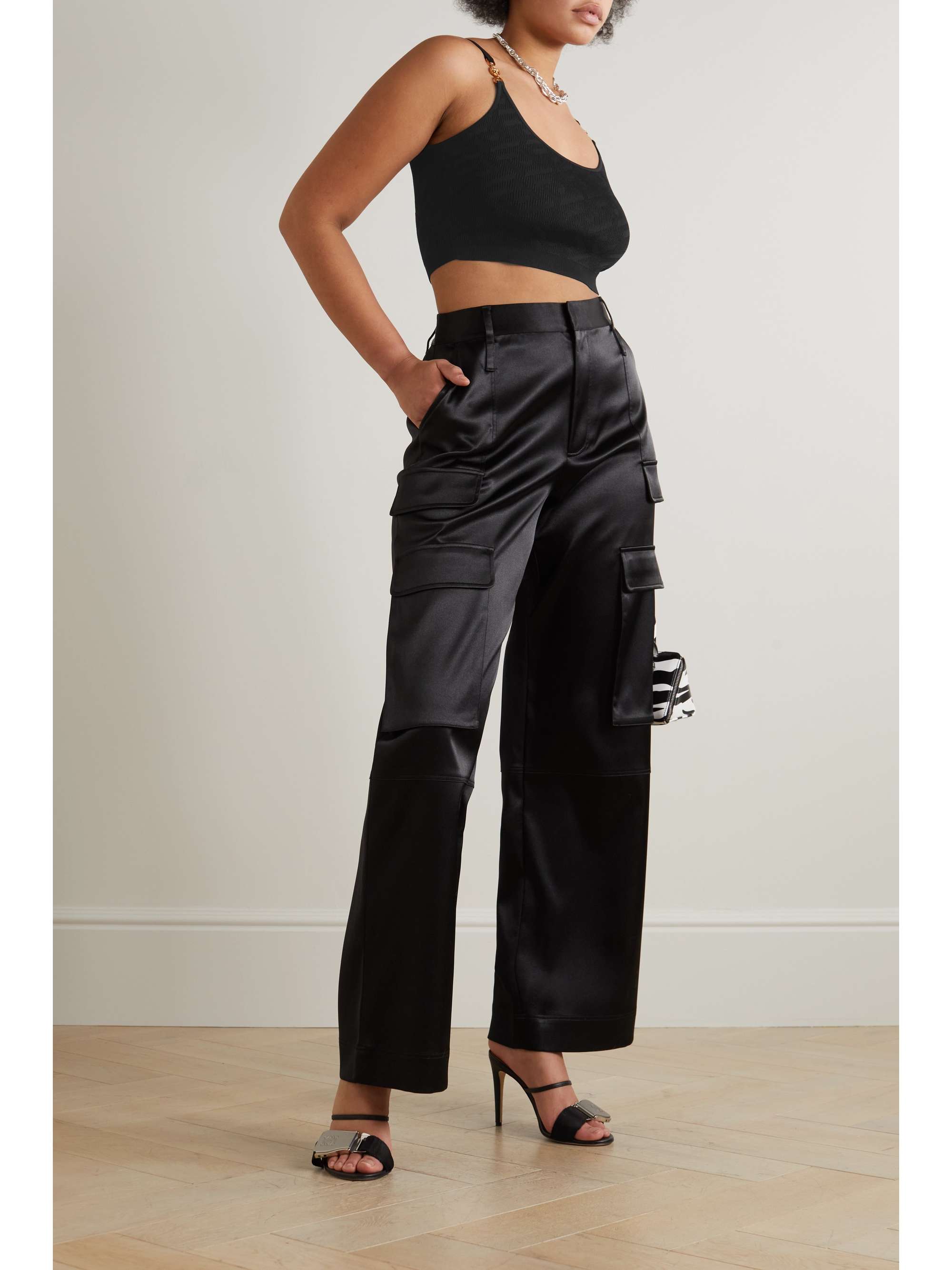 VERSACE La Greca copped embellished knitted top