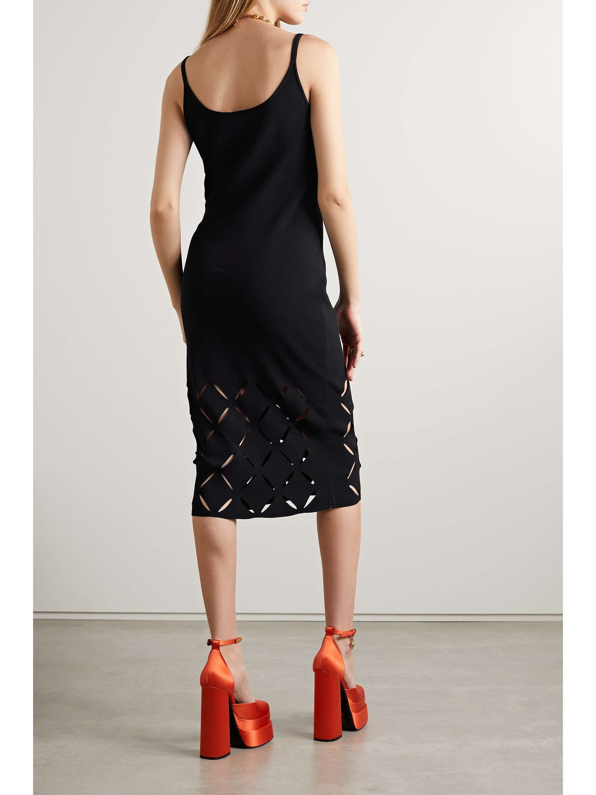 VERSACE Embellished lazer-cut stretch-knit midi dress