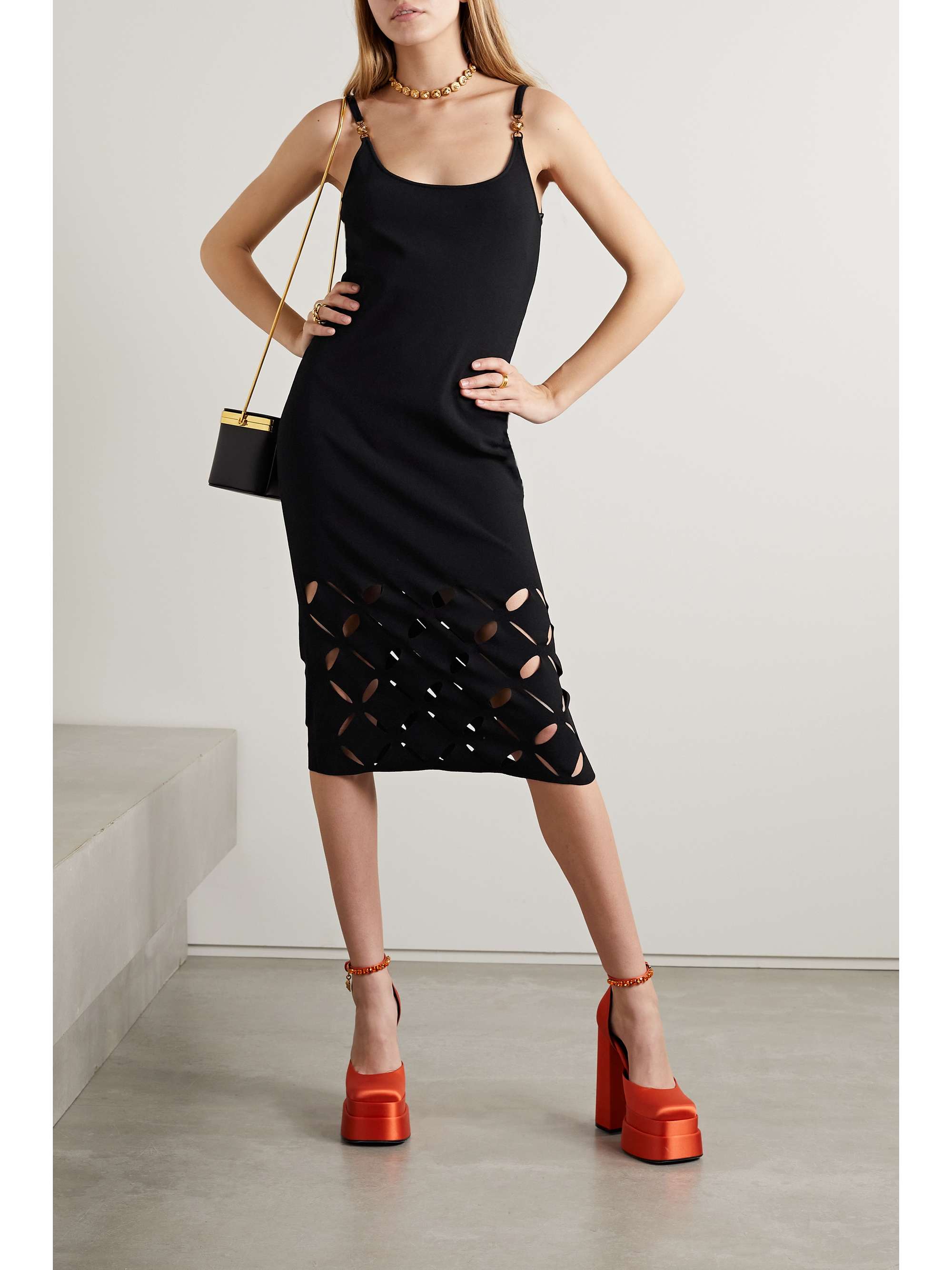VERSACE Embellished lazer-cut stretch-knit midi dress
