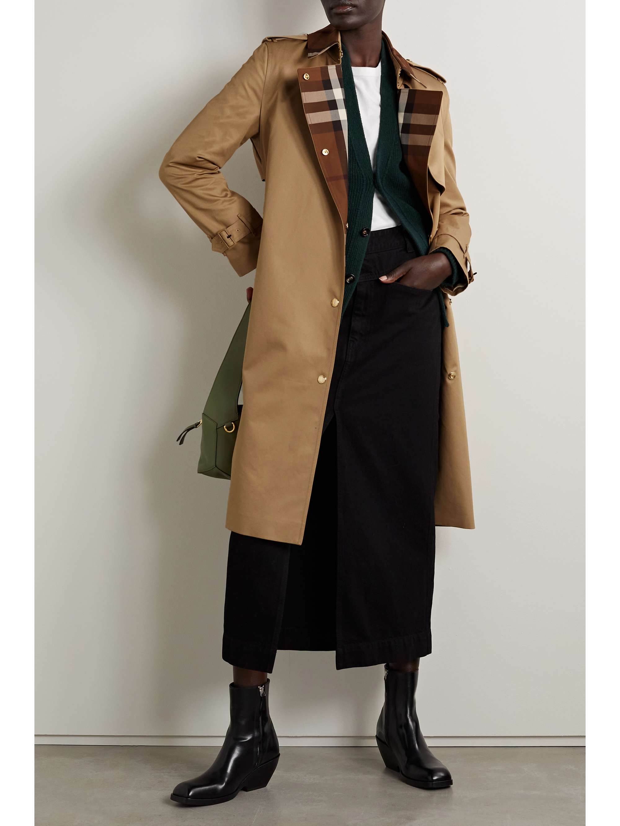 Belted checked cotton gabardine trench coat