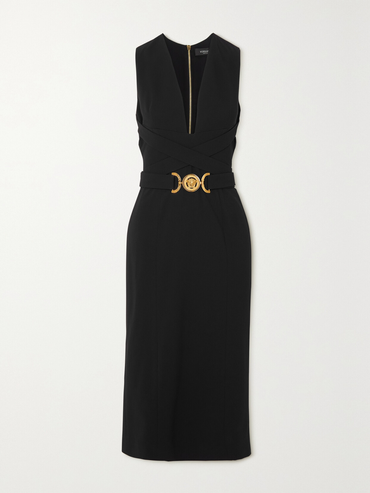 Versace Black Midi Dress With Criss Cross Belt And Medusa Buckle In