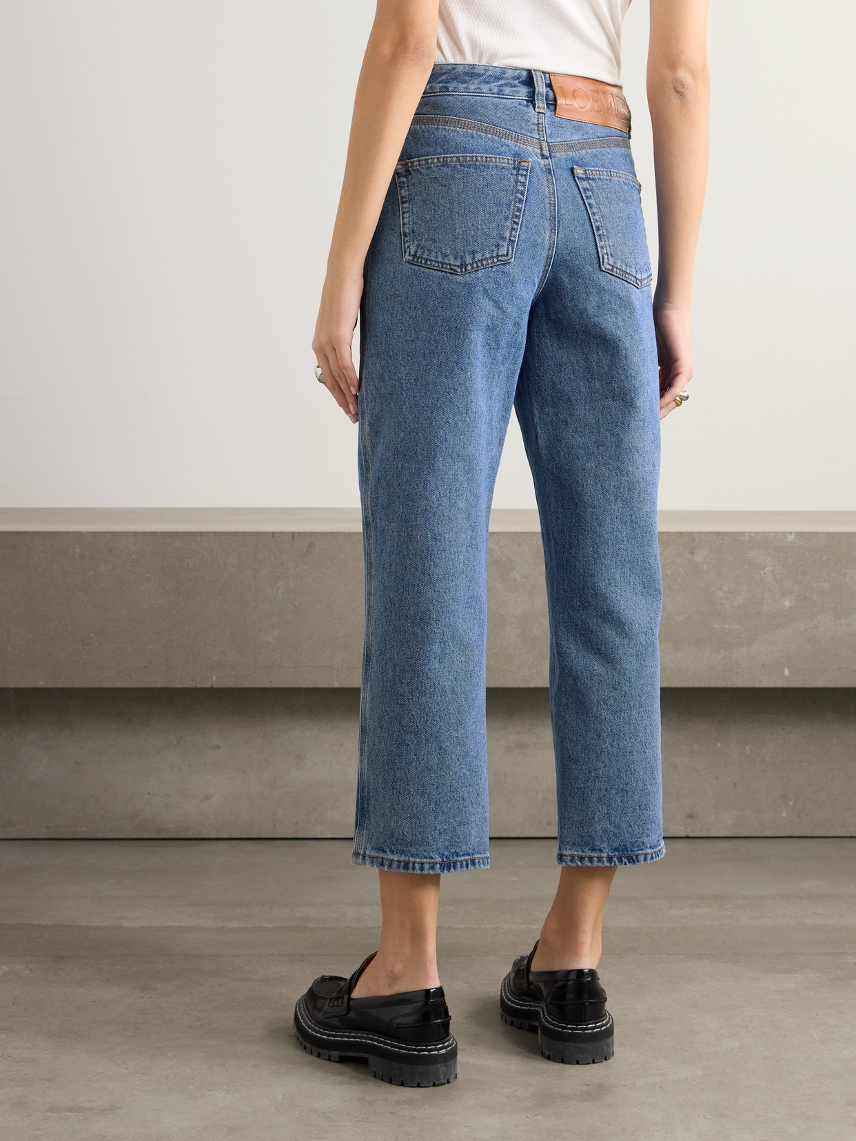 Shop Loewe Appliquéd Cropped High-rise Straight-leg Jeans In Blue