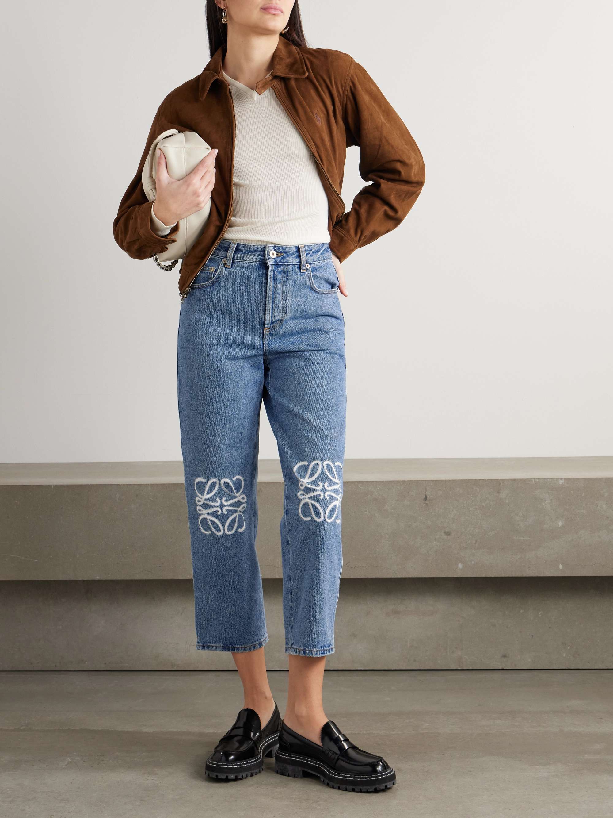 Appliquéd cropped high-rise straight-leg jeans