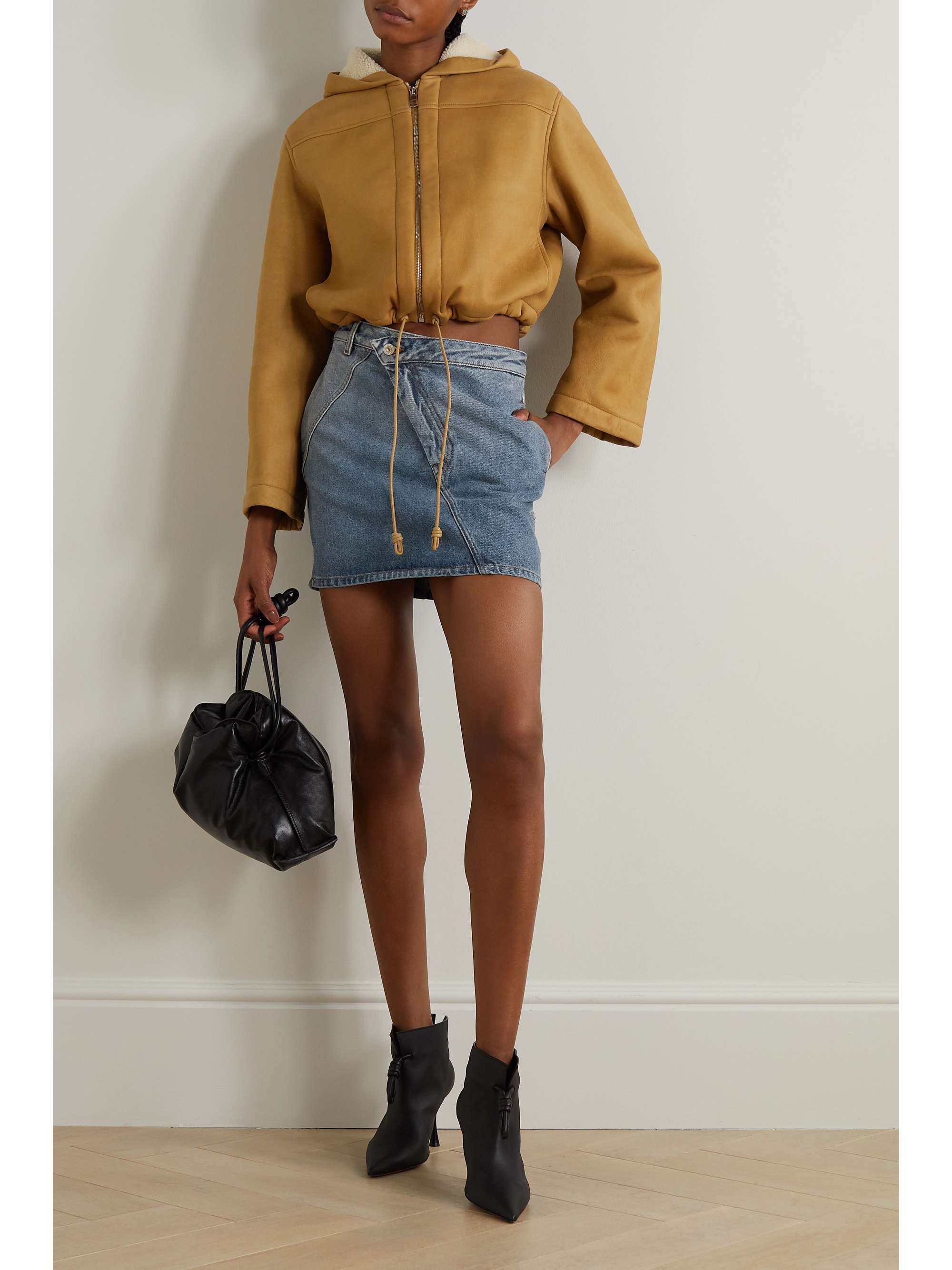 LOEWE Anagram asymmetric leather-trimmed denim mini skirt