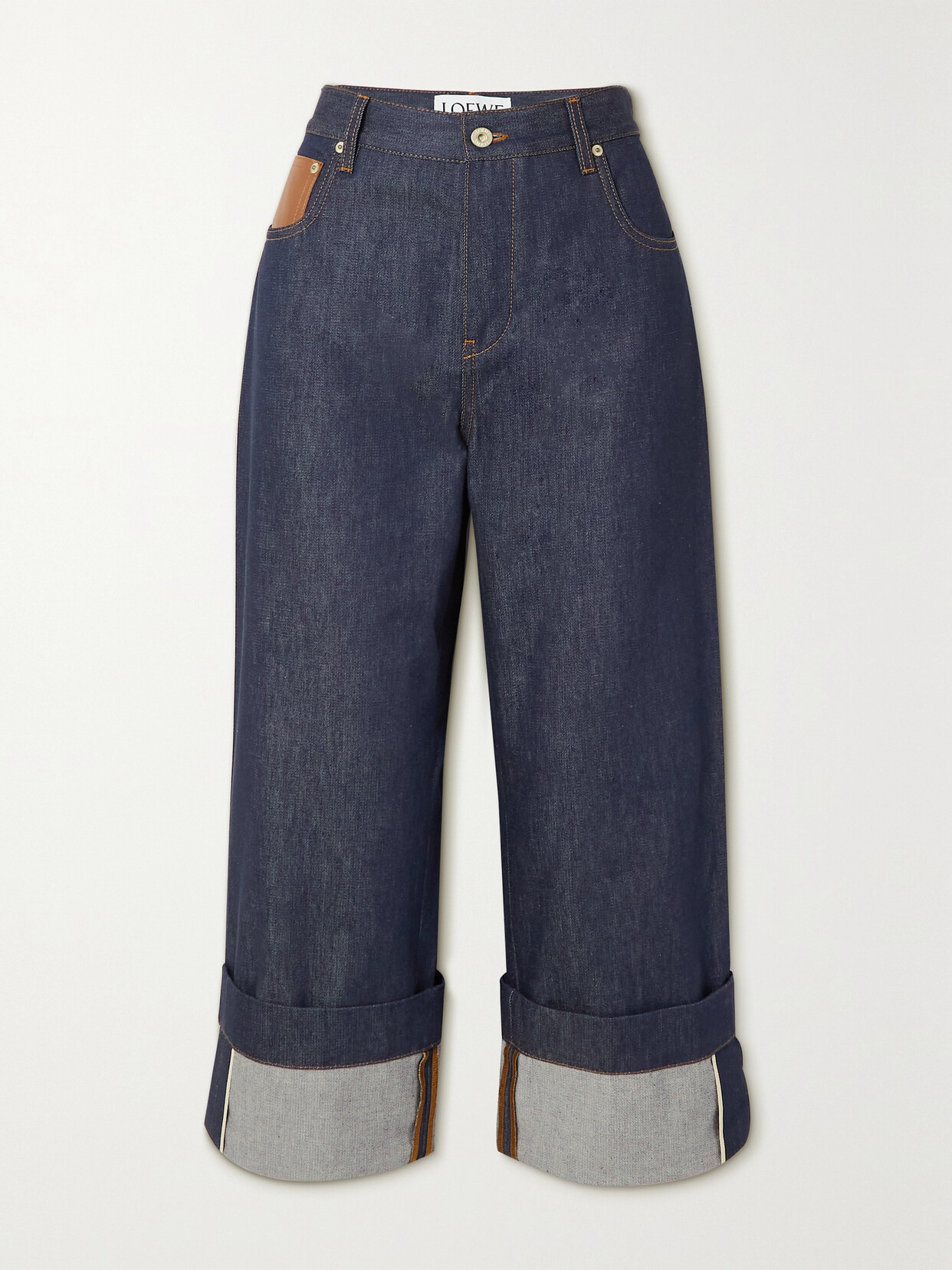 Loewe Cropped Leather-trimmed Straight-leg Jeans In Blue