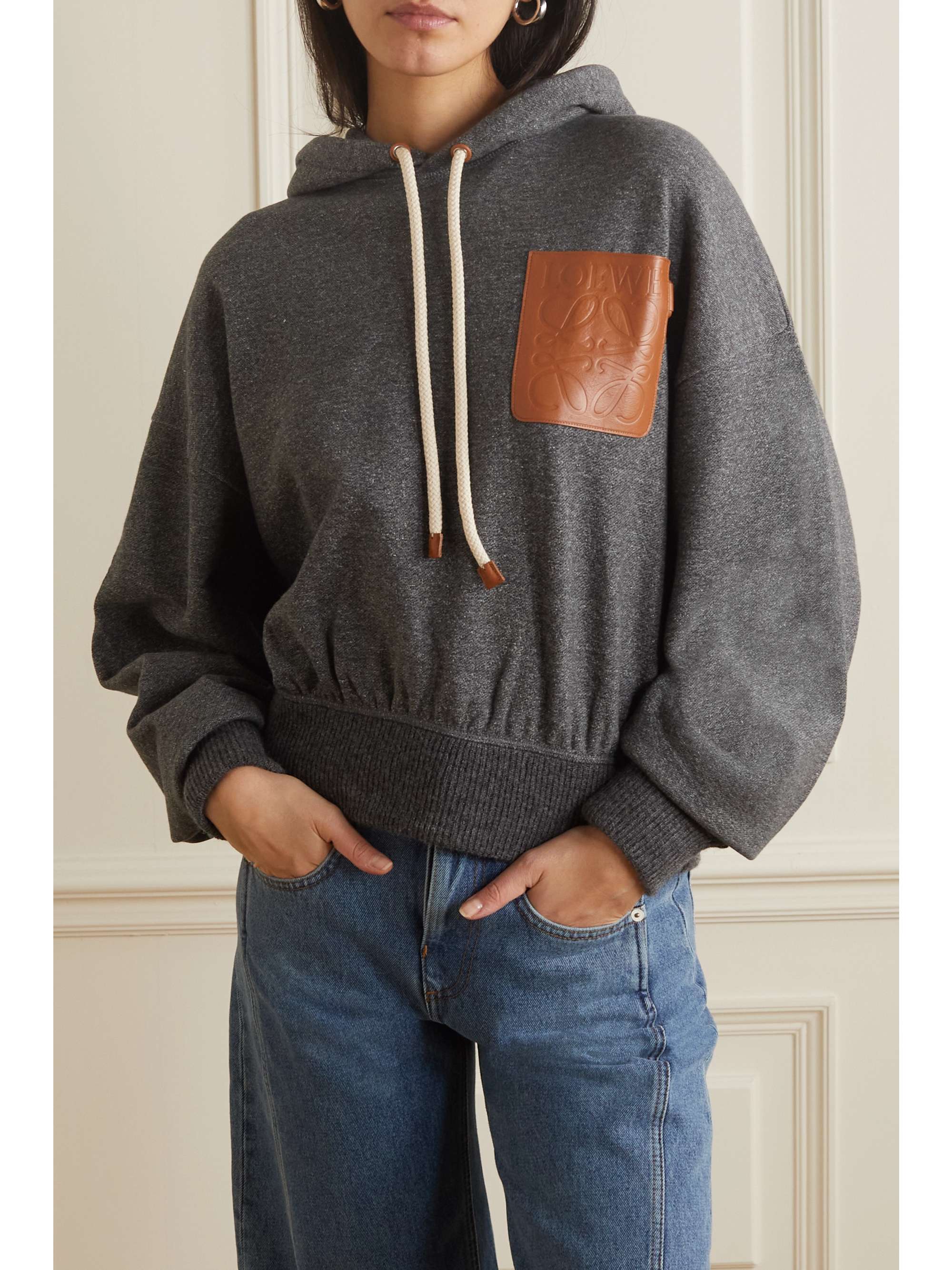 LOEWE Anagram leather-trimmed cotton-jersey hoodie