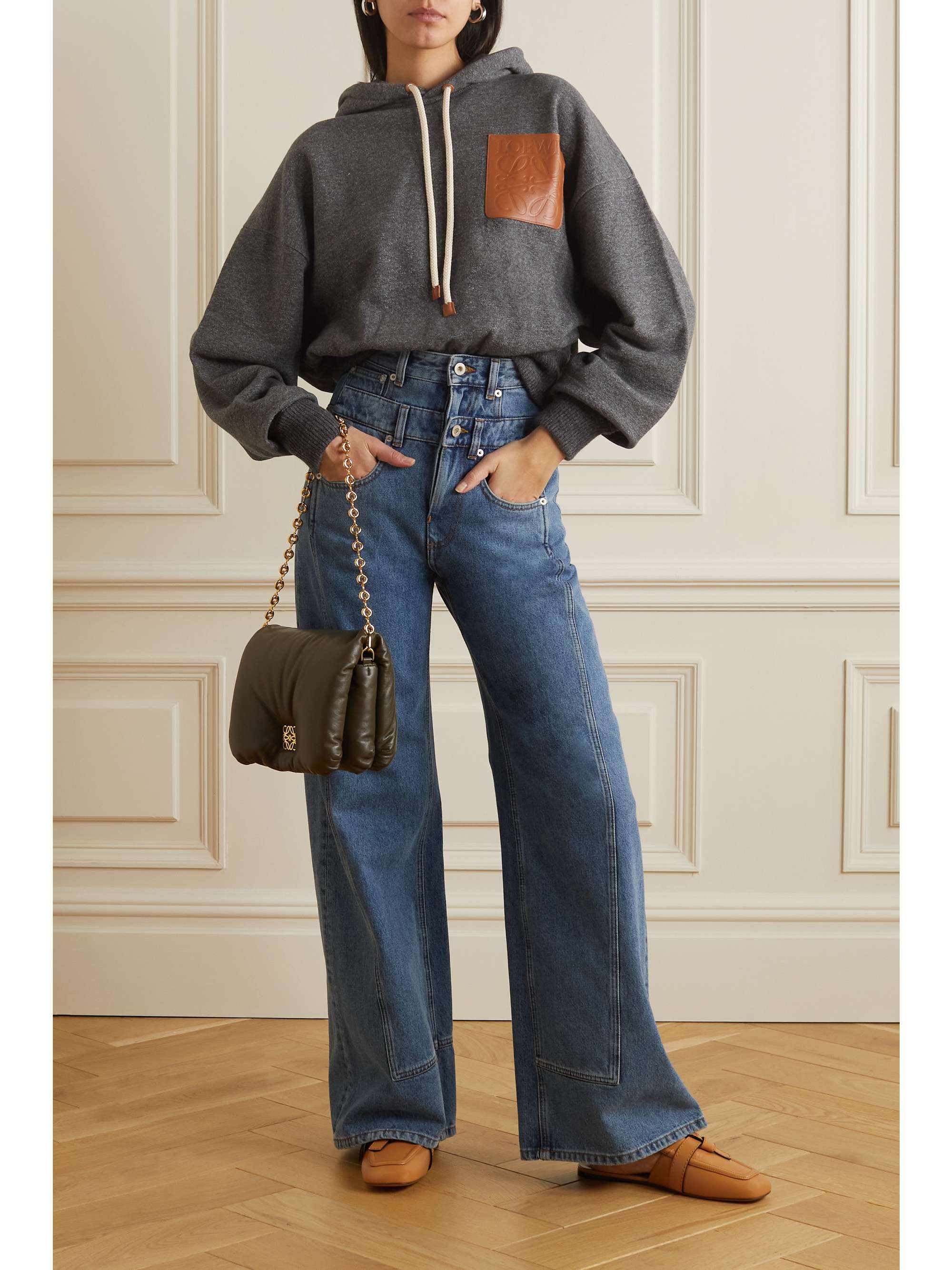 LOEWE Anagram leather-trimmed cotton-jersey hoodie