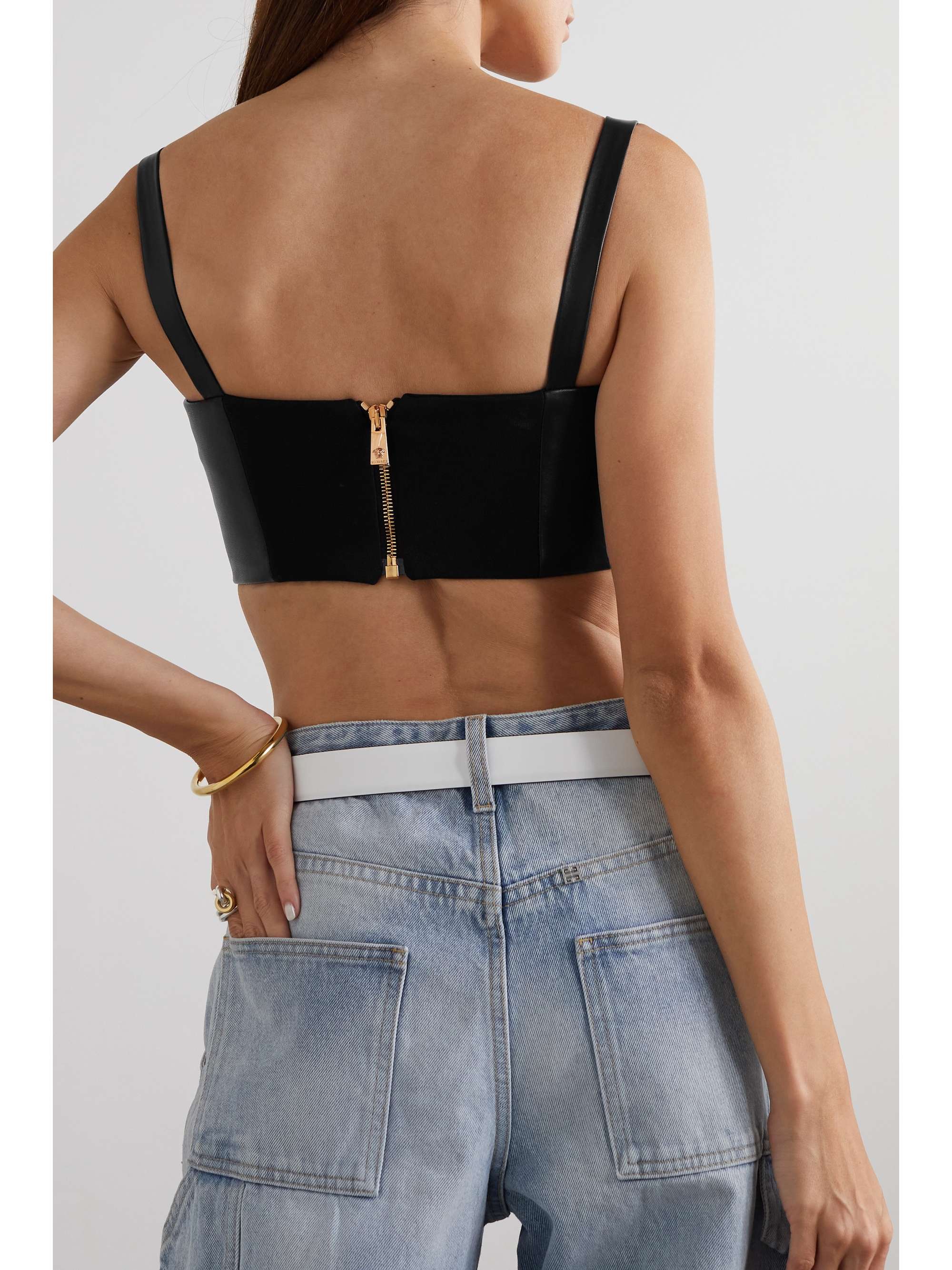 VERSACE Embellished jersey-paneled leather bustier top