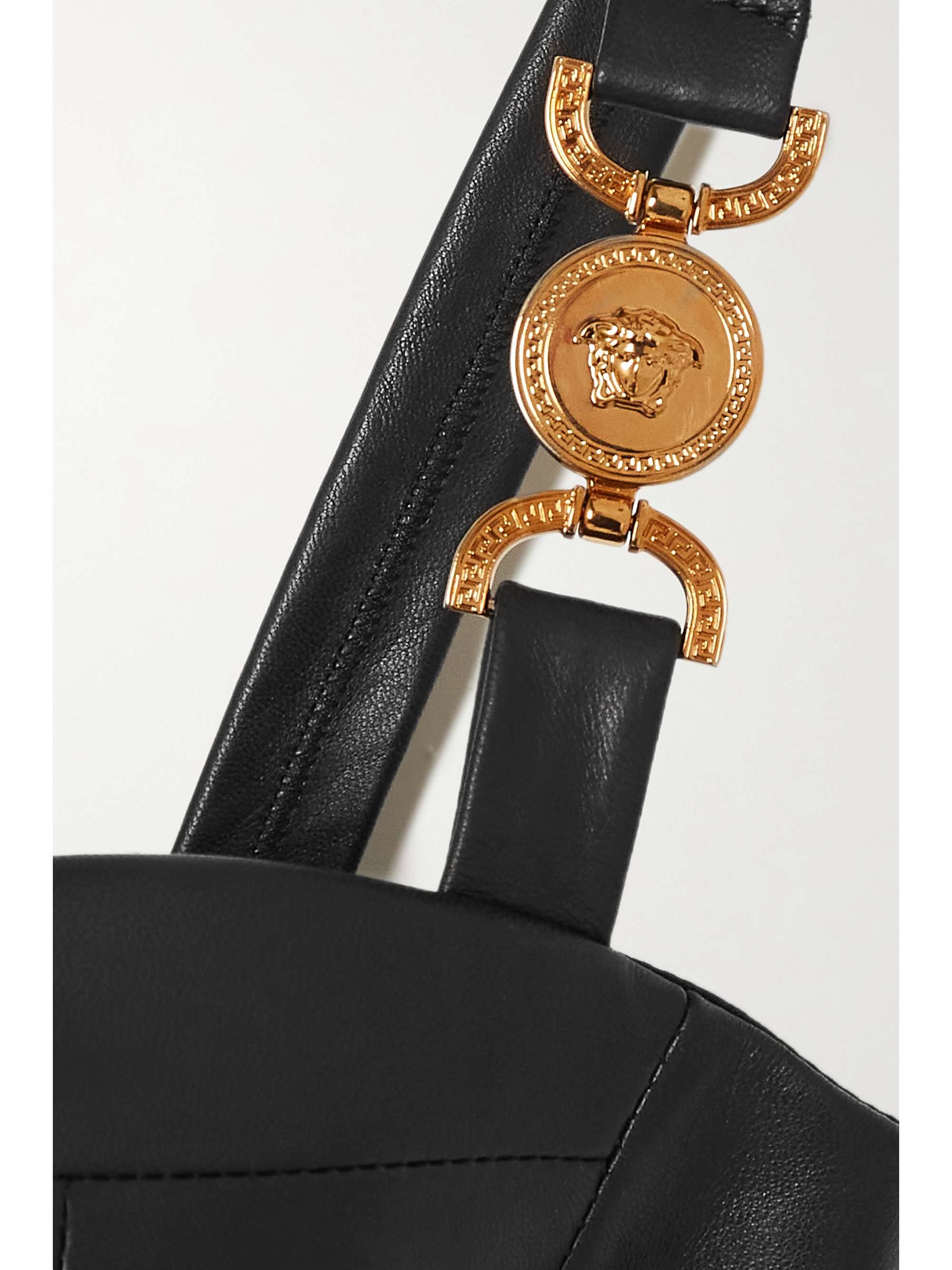 VERSACE Embellished jersey-paneled leather bustier top