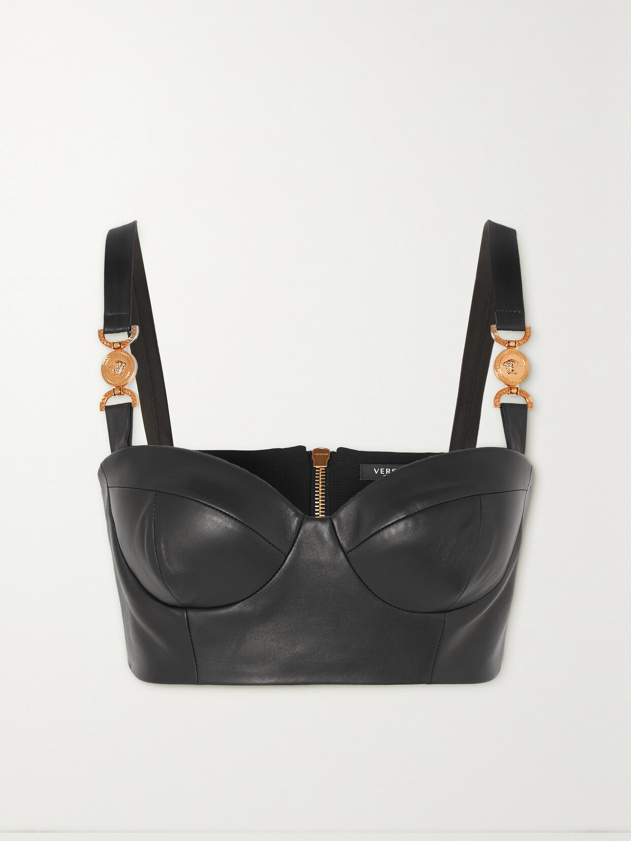 Versace - Embellished Jersey-paneled Leather Bustier Top - Black