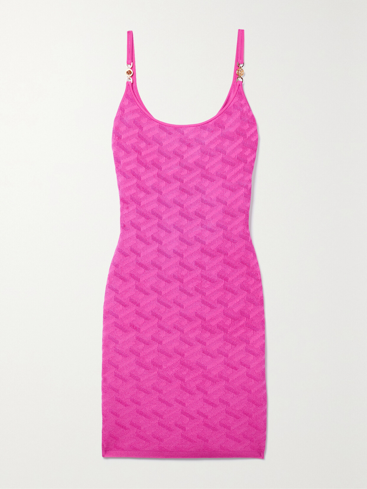 Versace Medusa Embellished La Greca Jacquard Knit Minidress In Glossy Pink (fuchsia)