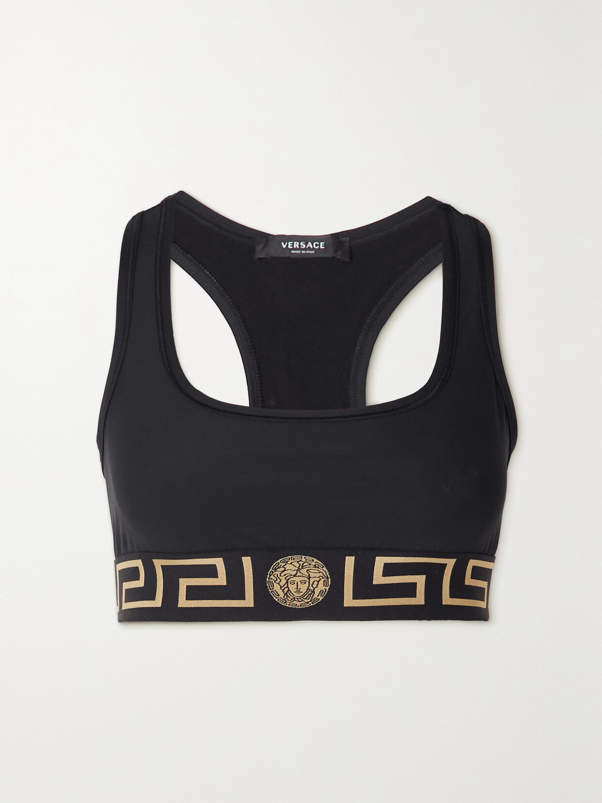 Versace Black Sports Bra With Greca And Medusa Detail In Stretch Cotton