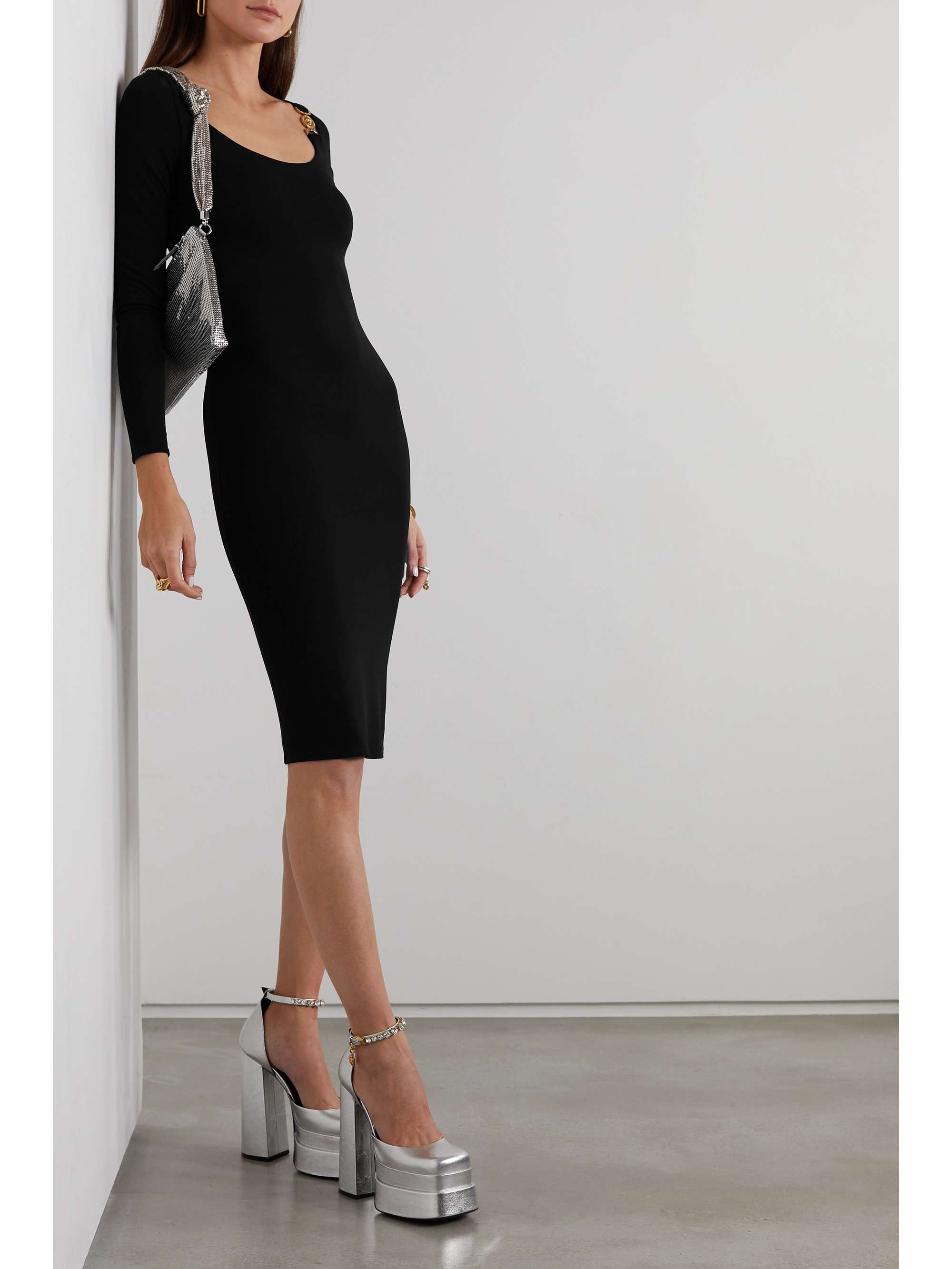 VERSACE Embellished stretch-crepe midi dress