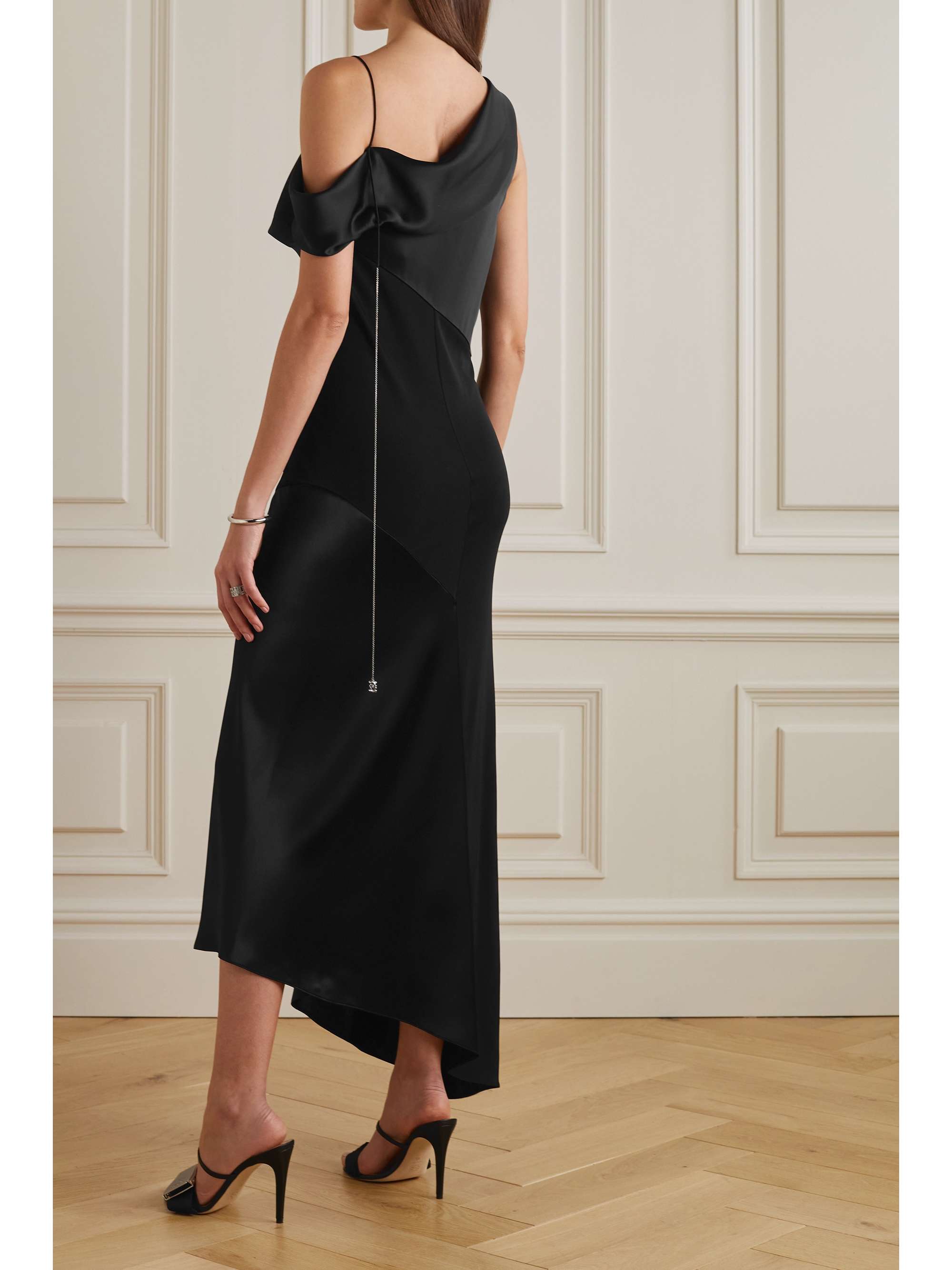 Asymmetric one-shoulder embellished satin and stretch-crepe maxi dress