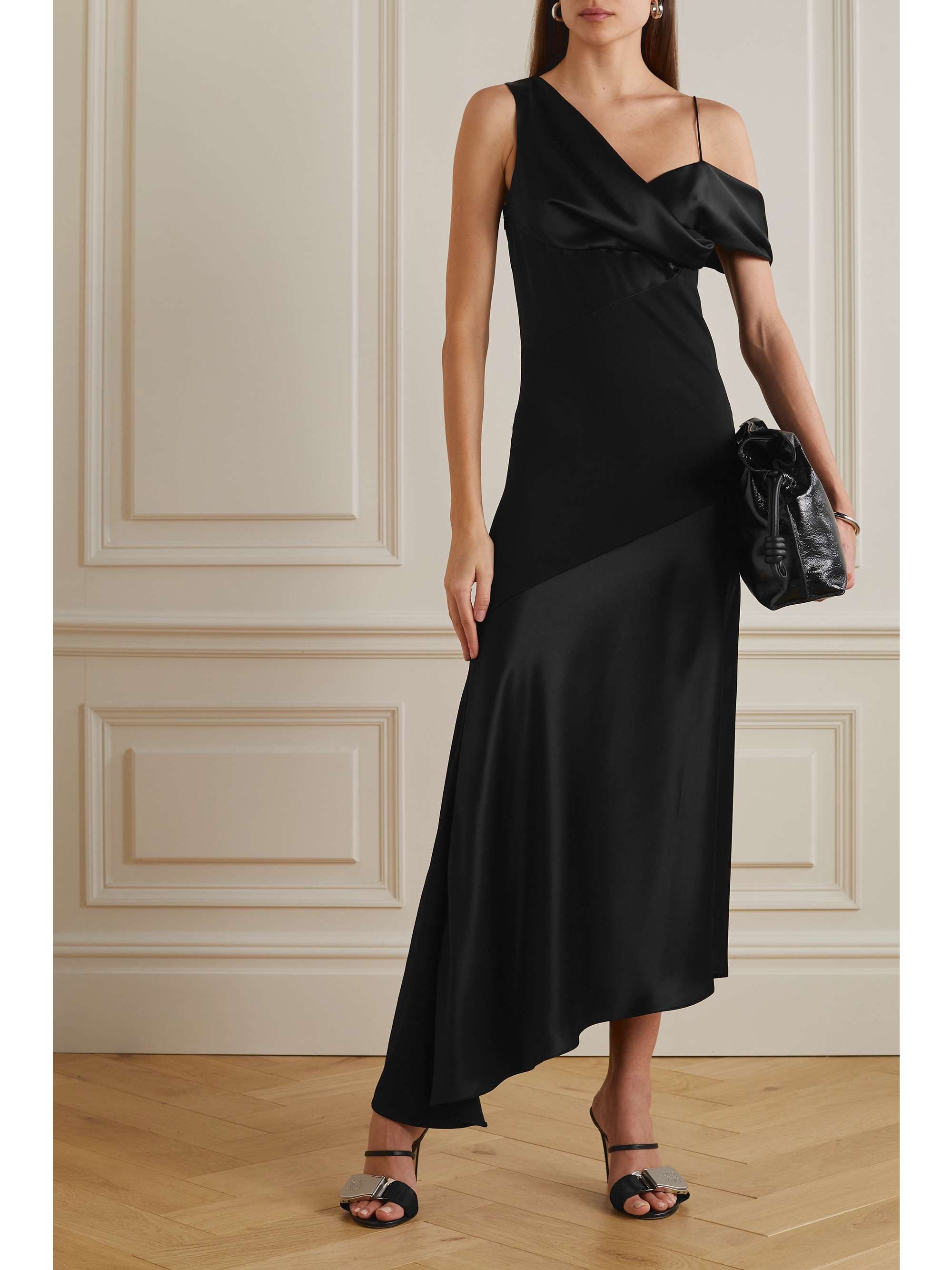 LOEWE Asymmetric one-shoulder embellished satin and stretch-crepe maxi dress