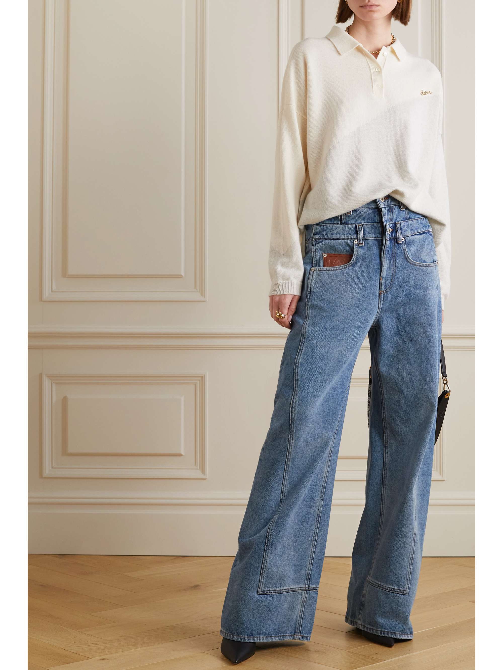 LOEWE Trompe L'Oeil hoch sitzende Jeans mit weitem Bein und Lederbesätzen