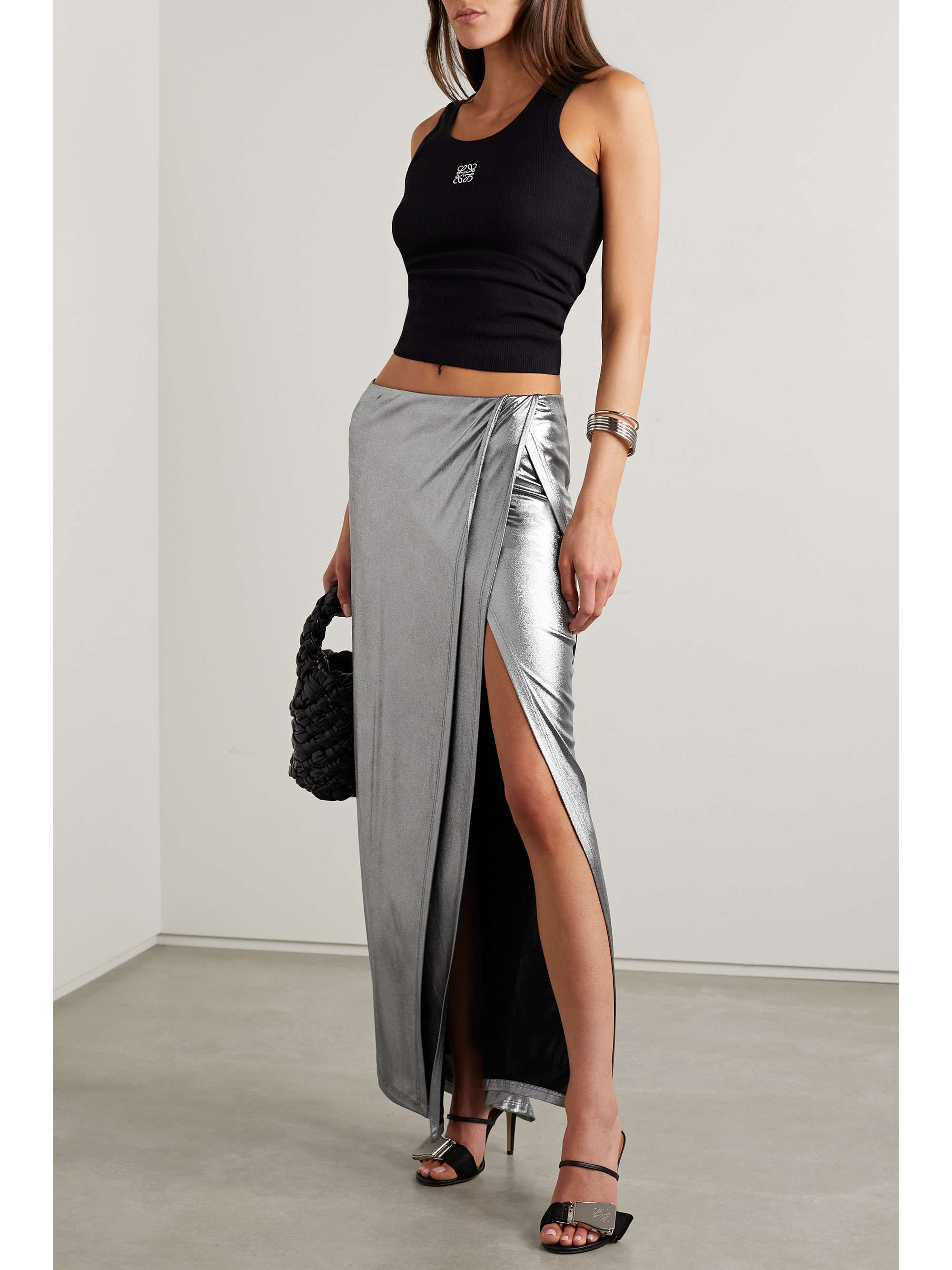 Asymmetric wrap effect metallic stretch jersey maxi skirt