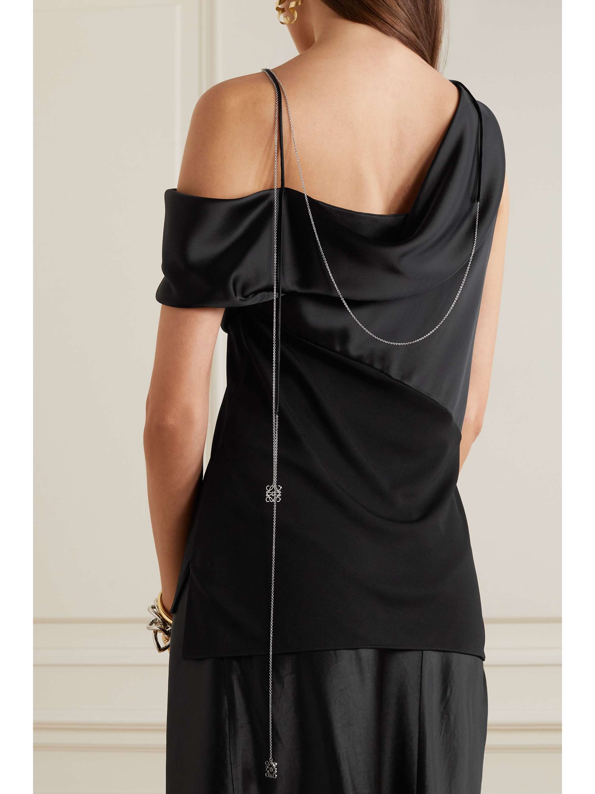 LOEWE One-shoulder embellished paneled satin and crepe top