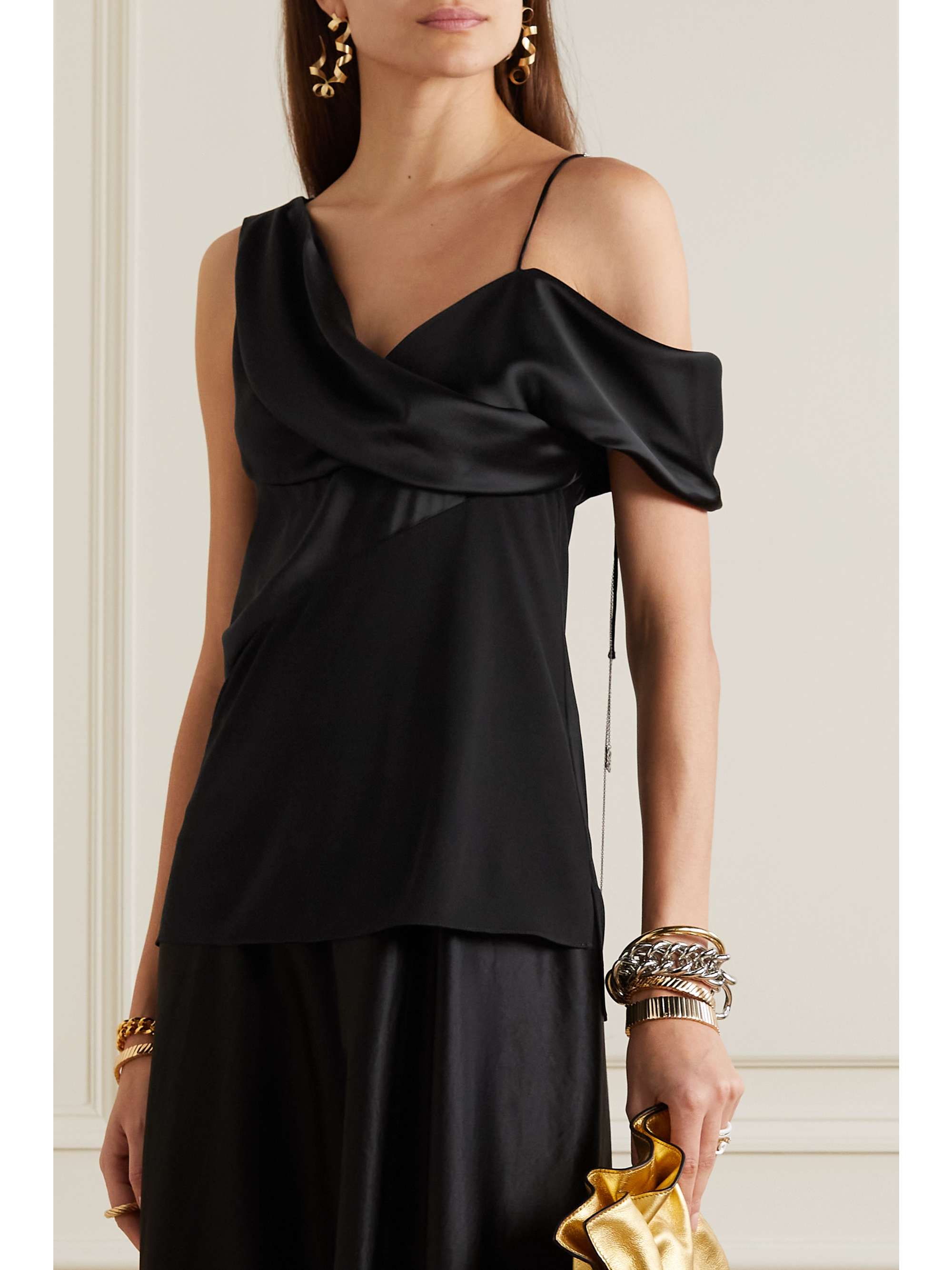 LOEWE One-shoulder embellished paneled satin and crepe top