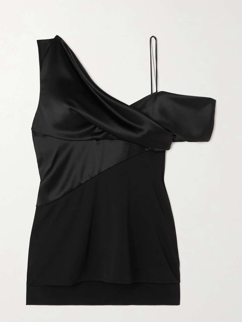Loewe One-shoulder Embellished Paneled Satin And Crepe Top