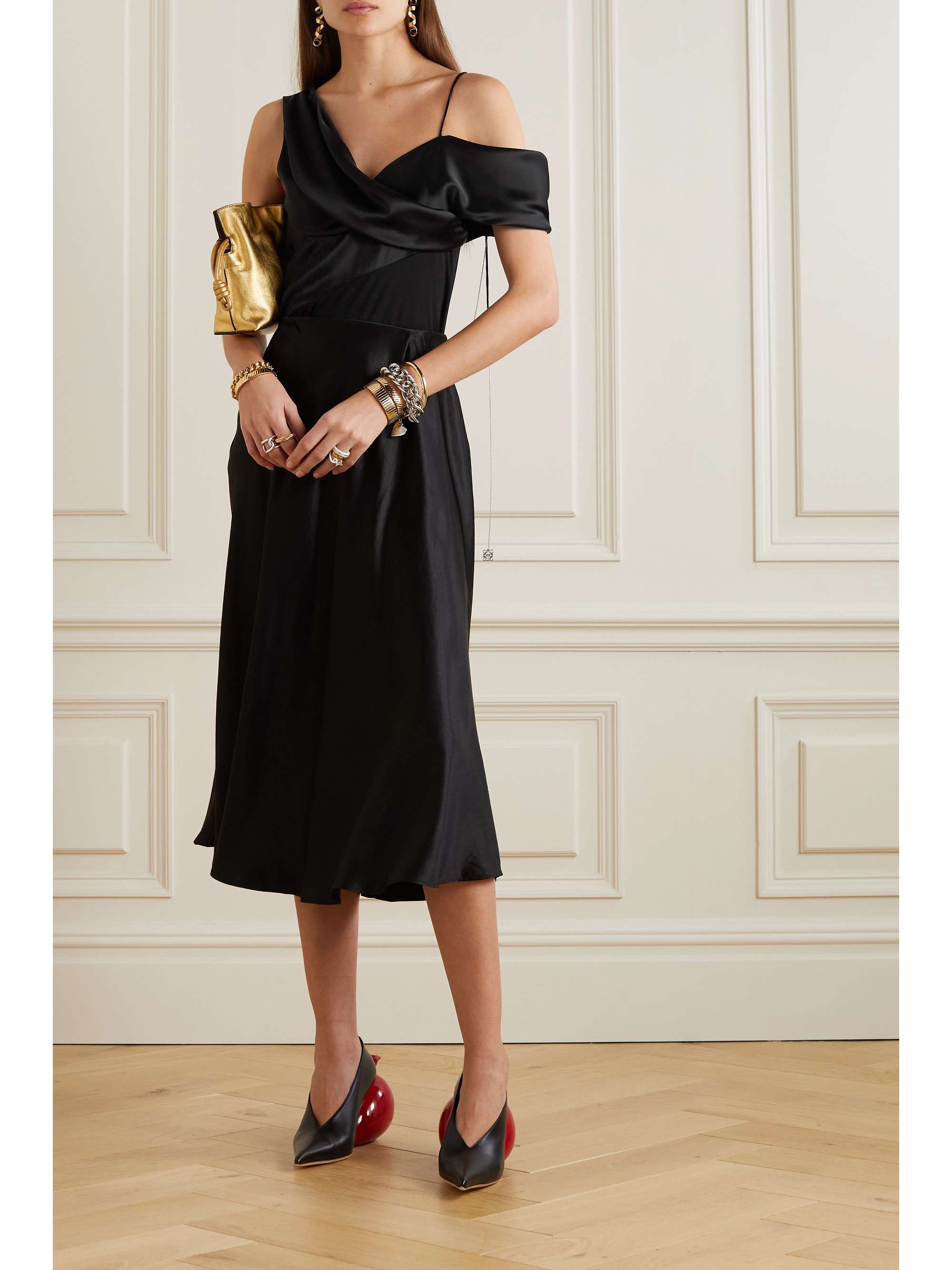 LOEWE One-shoulder embellished paneled satin and crepe top