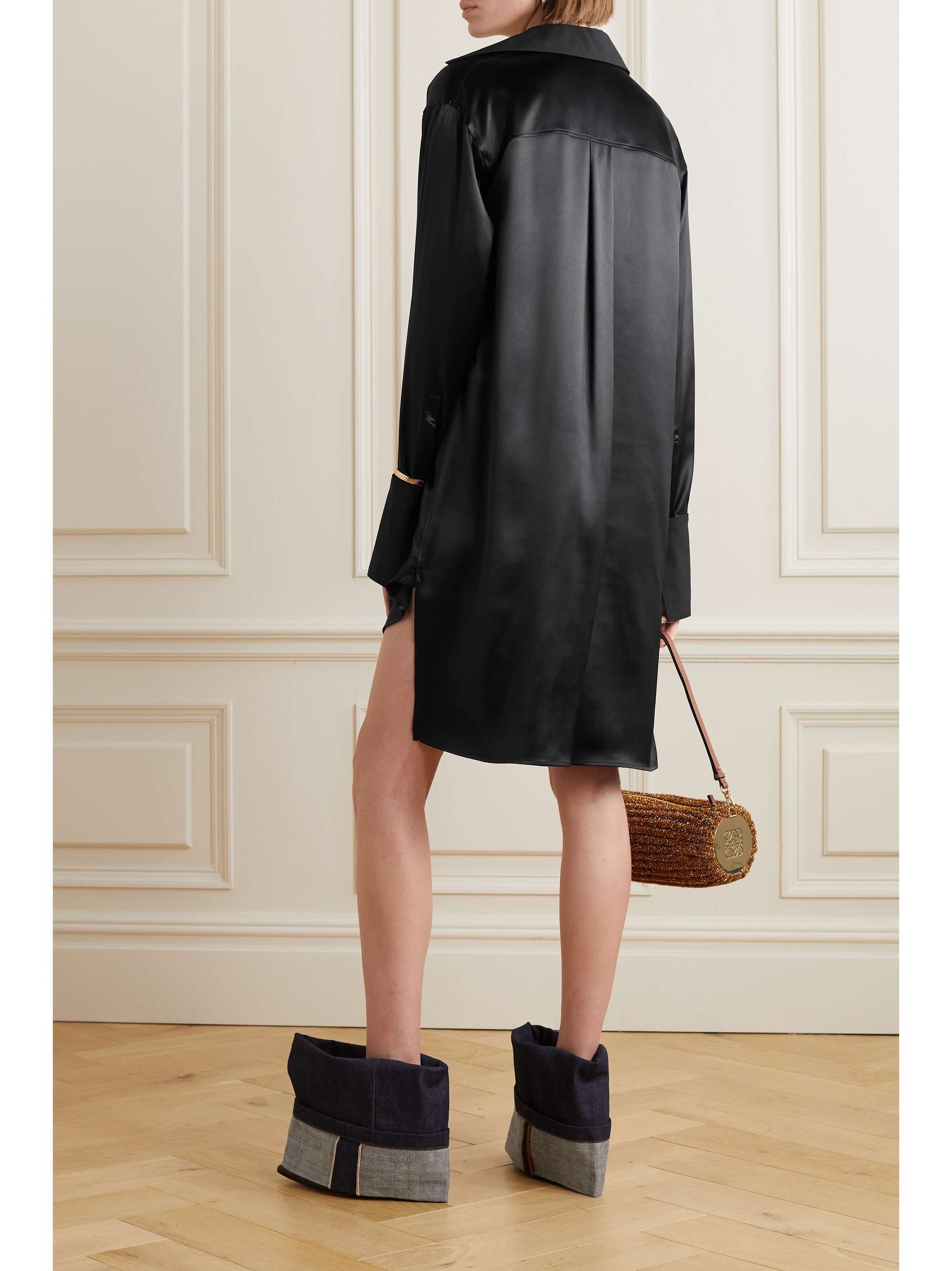 LOEWE Asymmetric cotton poplin-trimmed silk-satin mini shirt dress