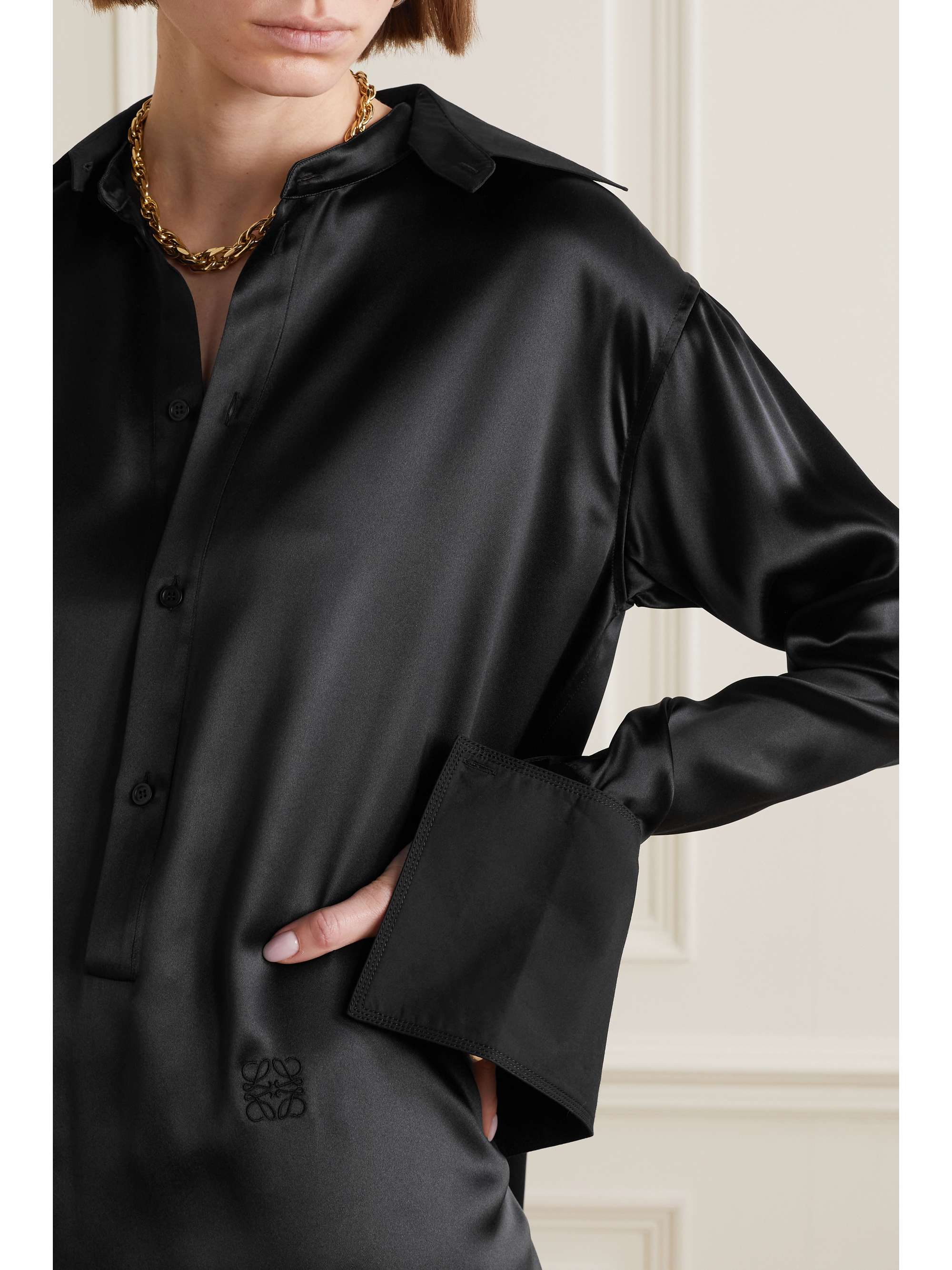 LOEWE Asymmetric cotton poplin-trimmed silk-satin mini shirt dress