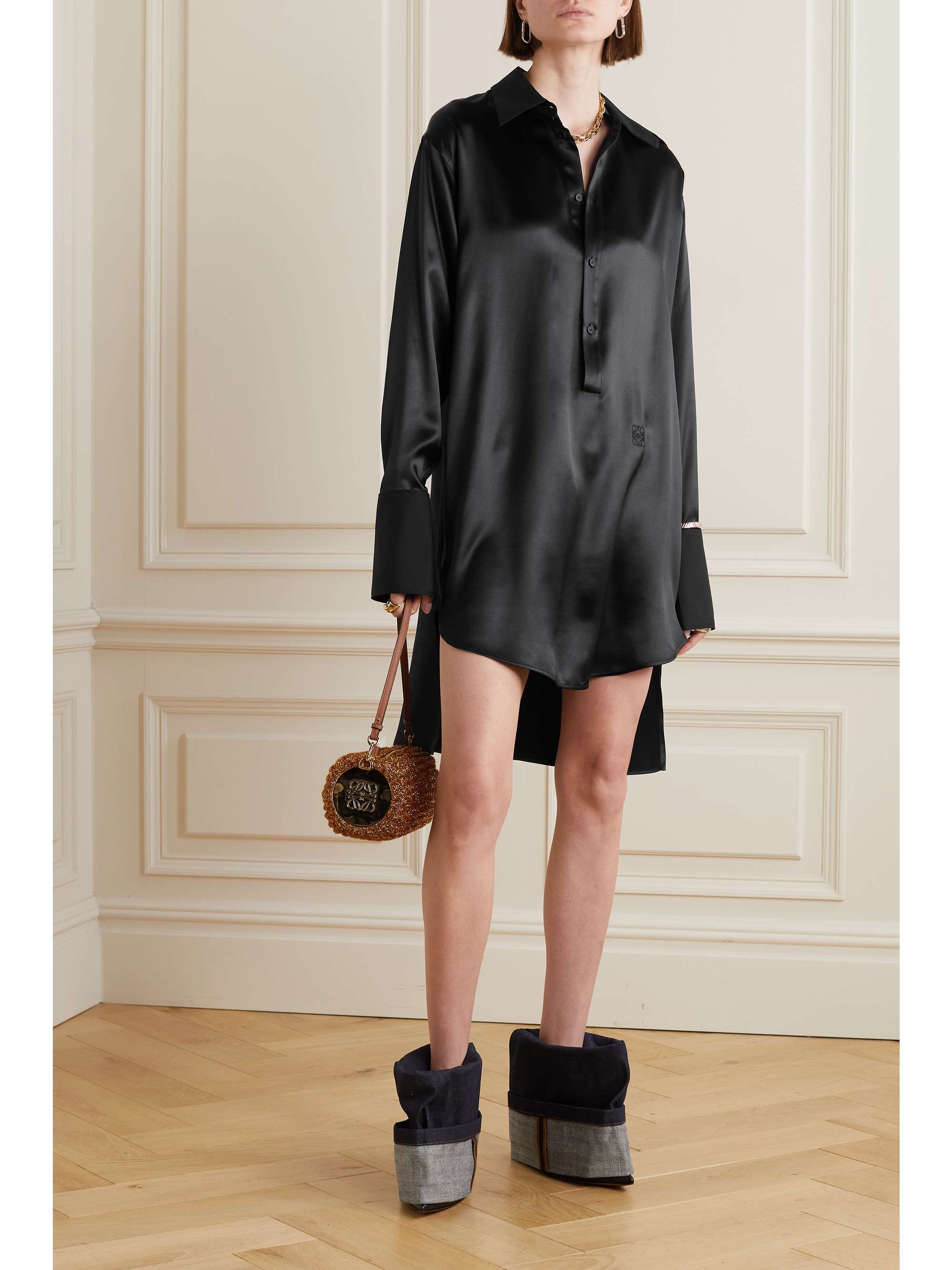 LOEWE Asymmetric cotton poplin-trimmed silk-satin mini shirt dress