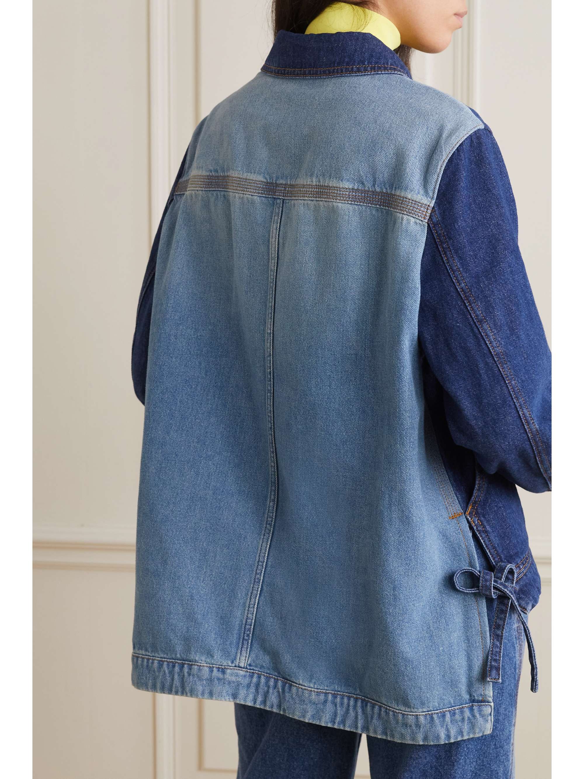 Leather-trimmed two-tone denim jacket