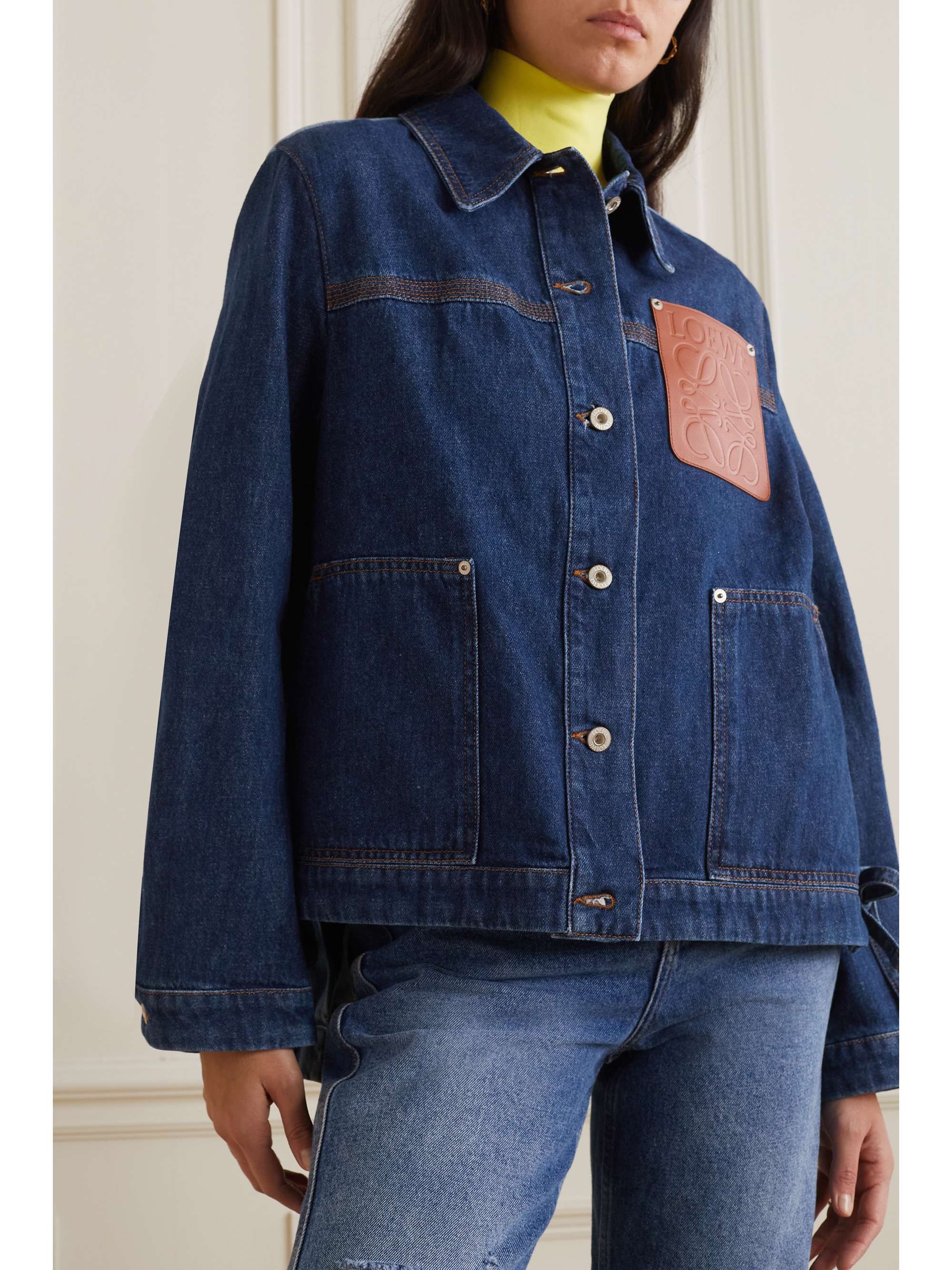 Leather-trimmed two-tone denim jacket